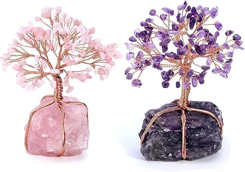 Top Plaza Bundle  2 artículos Cristales curativos árbol de dinero envuelto en amatista natural Feng Shui suerte estatuilla y rosa cuarzo cristal