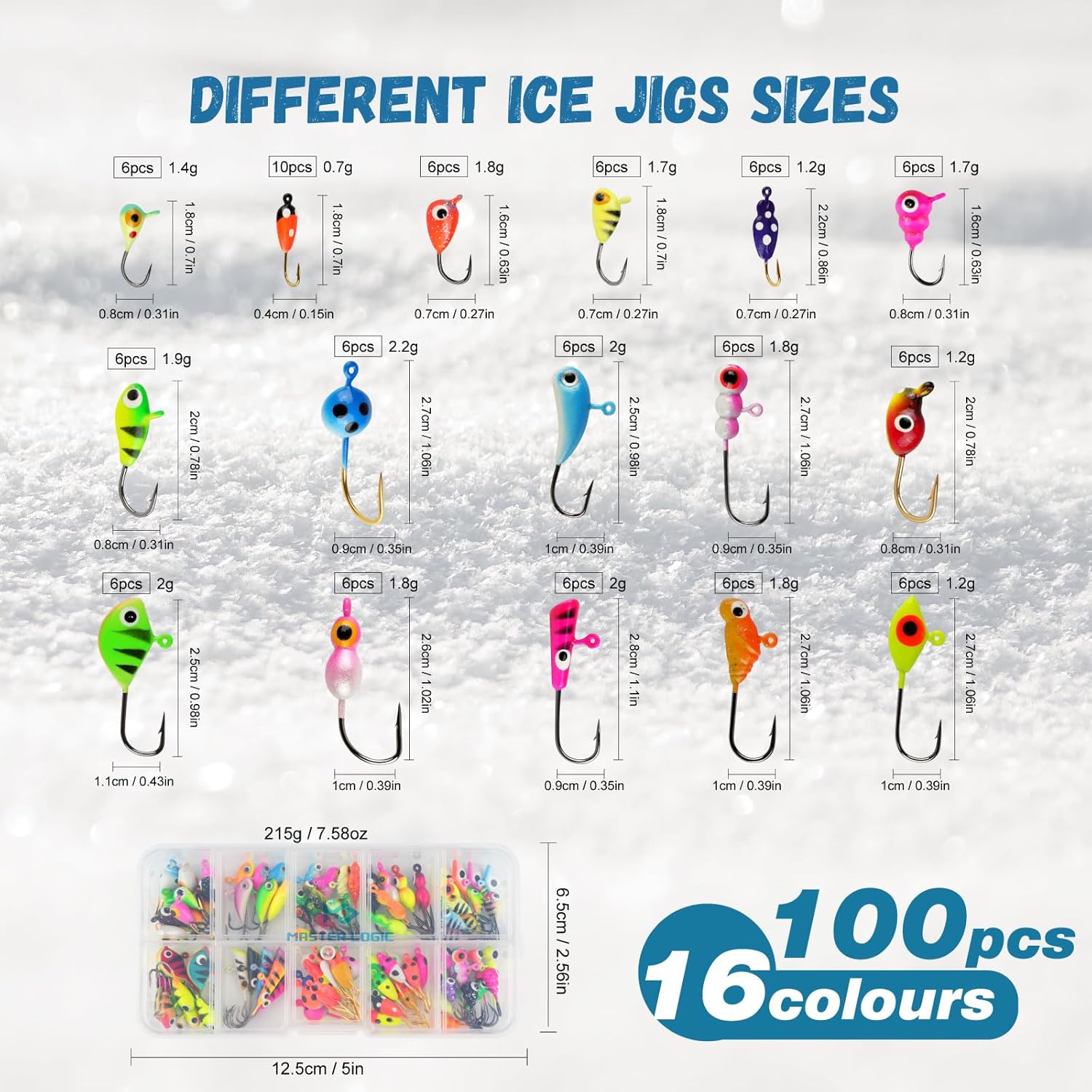 Master Ice Fishing Jigs Kit, Glow in Dark Ice Fishing Lures Set with Sensitive Jig Heads for Panfish, Crappie, Walleye, Perch with Tackle Storage Box