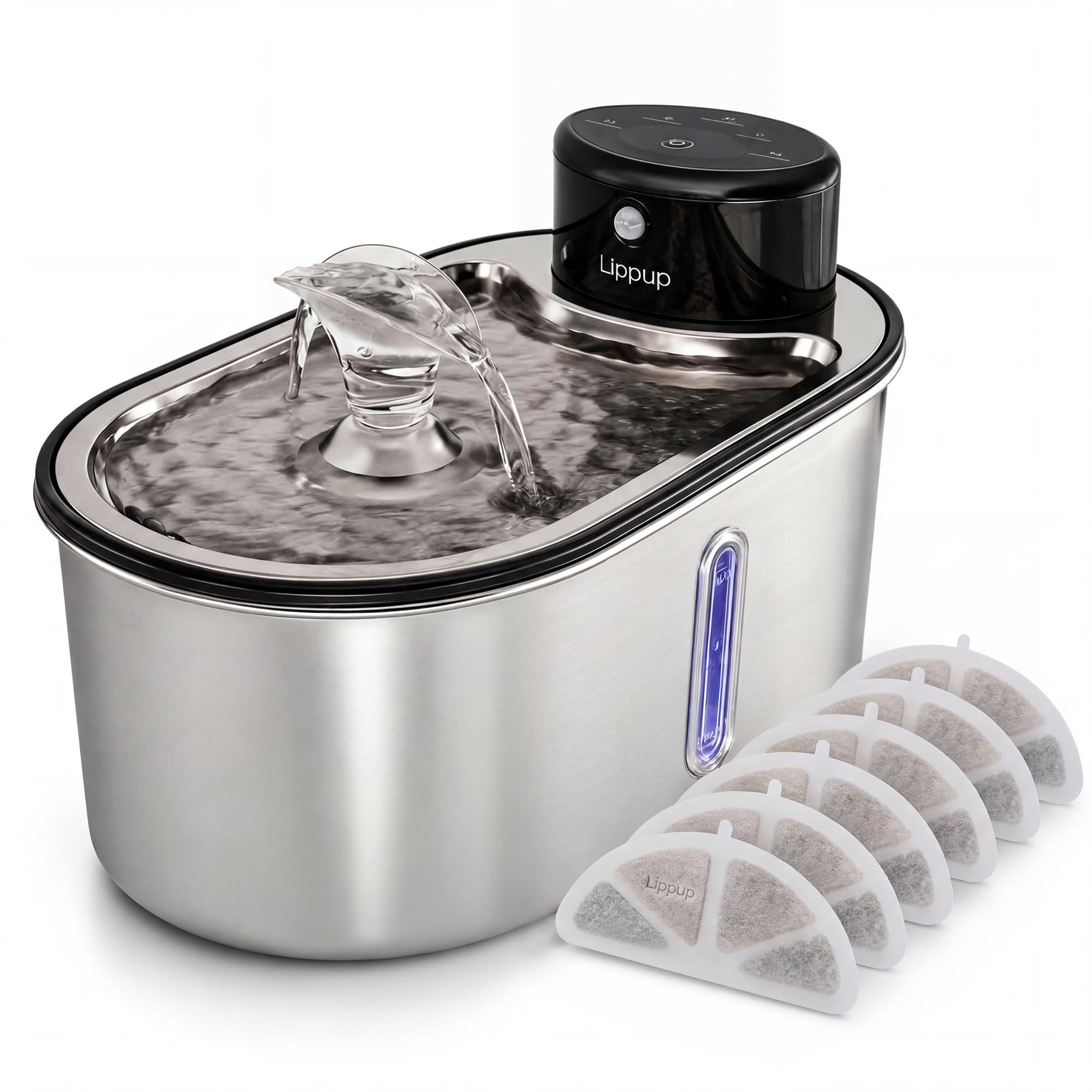 Fuente de agua inalámbrica para gatos de acero inoxidable de 3,2 L, inalámbrica, funciona con pilas (dura hasta 50 días), ultra silenciosa, 2 modos de flujo, multifiltración, sin BPA, negro + 6