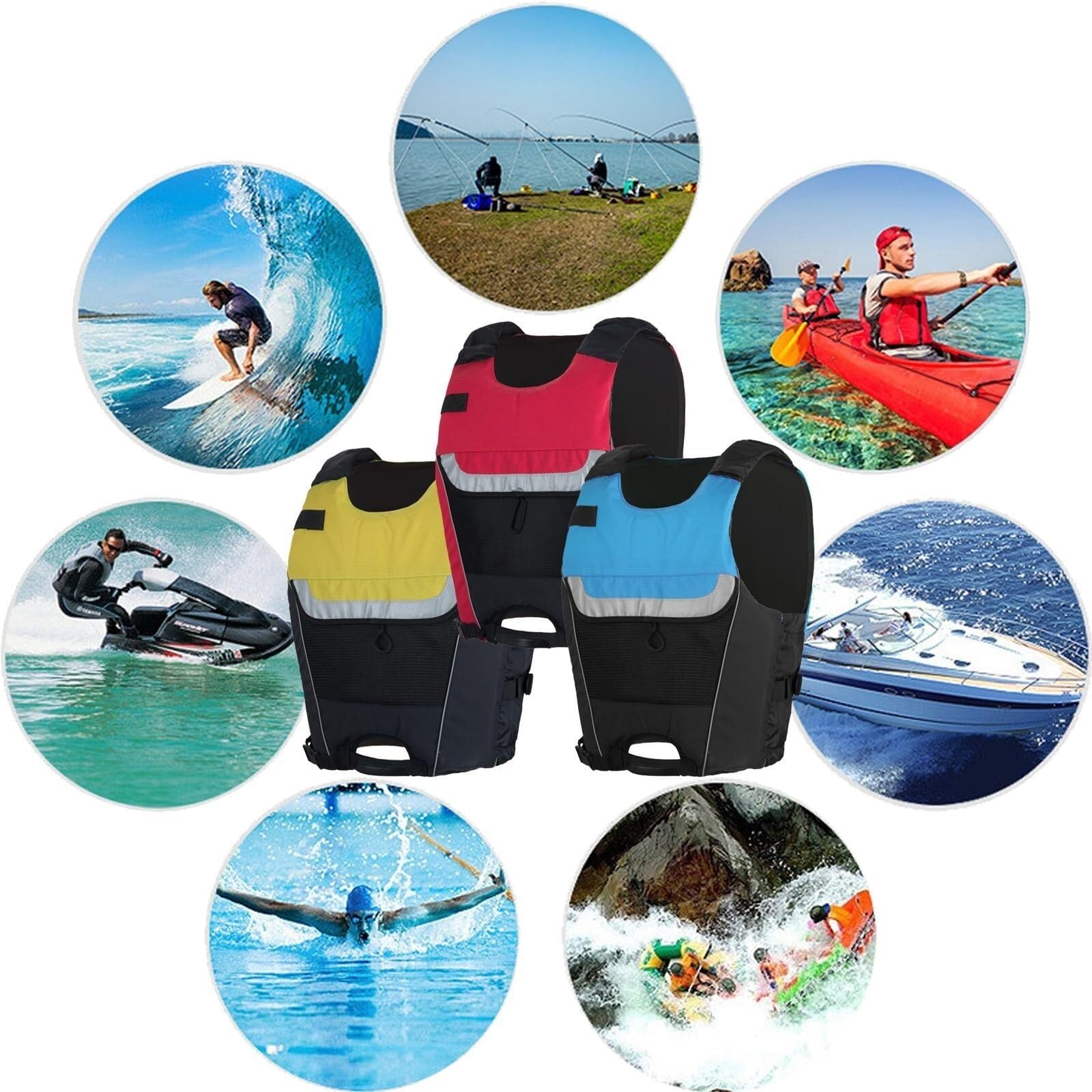 Angelweste mit Seitlichem Reißverschluss und Netztasche, Schwimmende Schwimmweste mit Elastischer Taille, Sicherheitsjacke for Wassersport(Yellow,L)