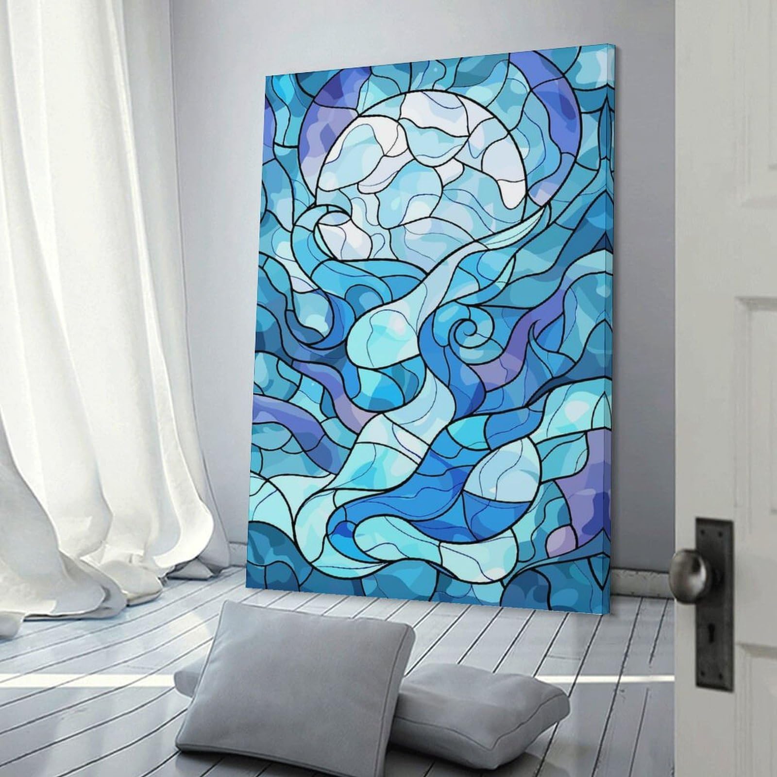 Junmoney Wall Decor Canvas Print Abstract Blue Stained Glass Waves, 24x36inch(60x90cm), for Study, Office Or Focused Interiors, Wall Art That Adds Style to Work Areas