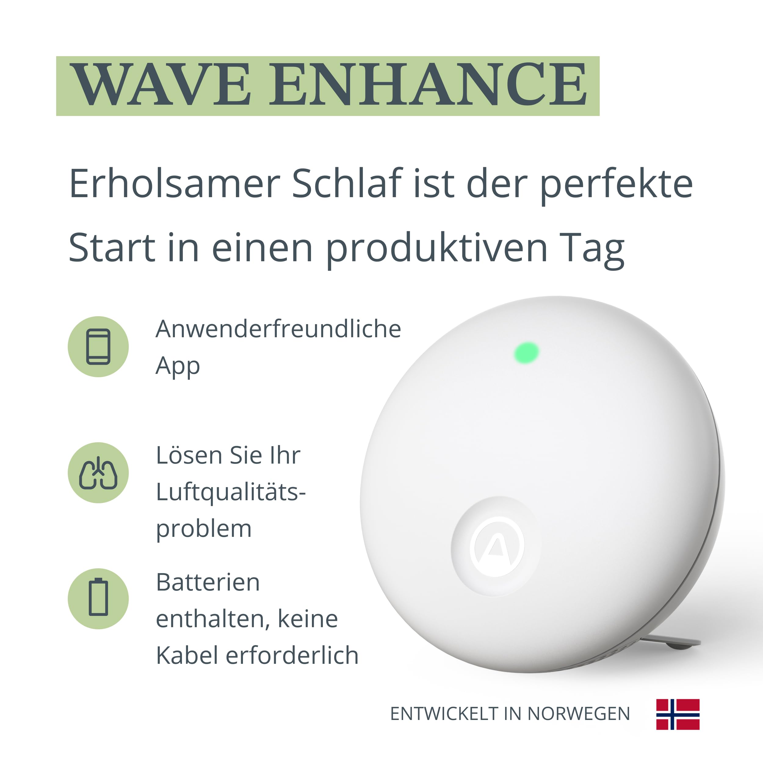 Airthings 321 Wave Enhance – Kompakter Raumluftqualitätsmonitor (CO2, VOC, Luftfeuchtigkeit, Temperatur, Druck sowie Umgebungsgeräusch- und Lichtsensoren) für Schlaf- und Arbeitszimmer
