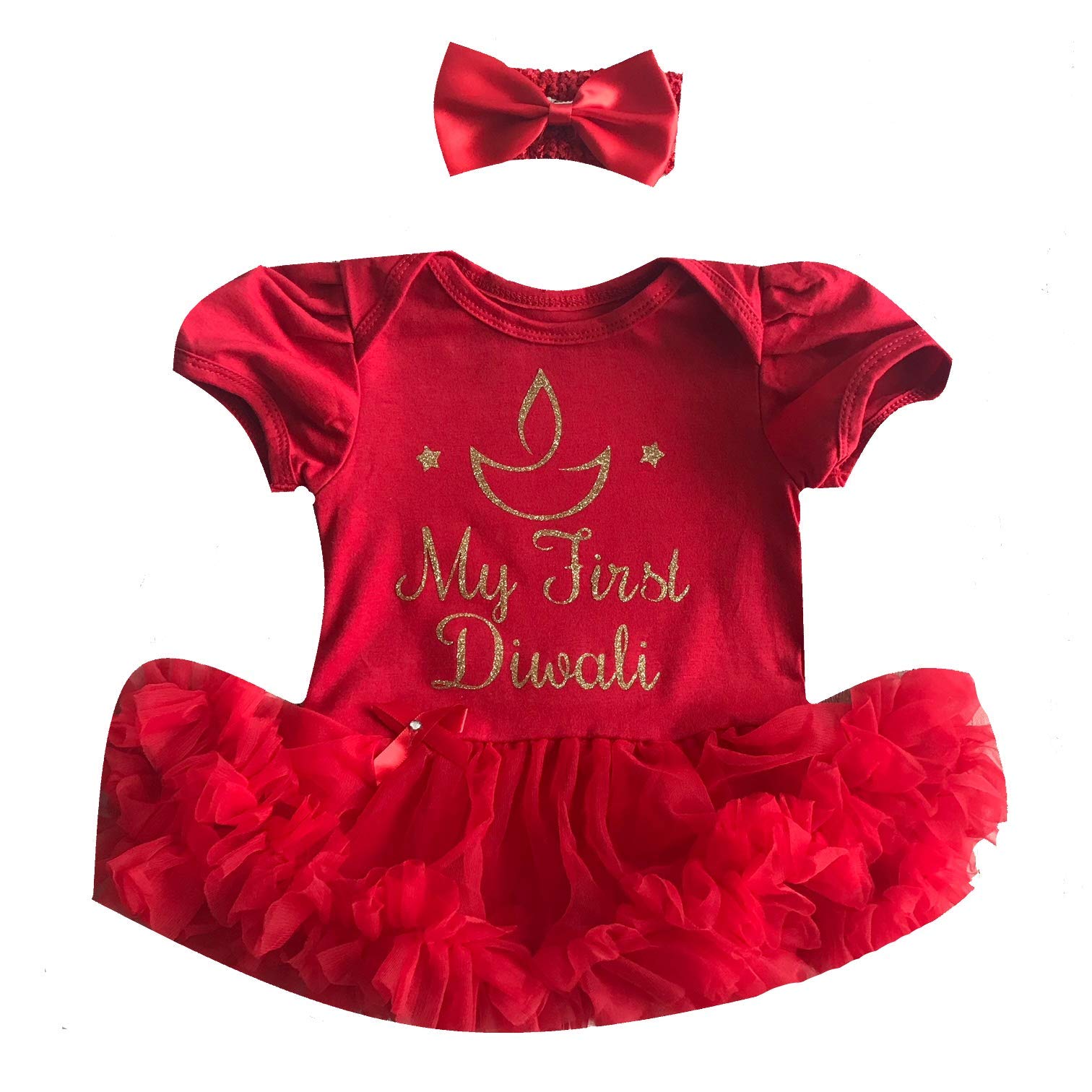 Little Secrets Childrens Clothing Girls Red My First Diwali Baby 'S Tutu Romper With Headband (0-3 Months)