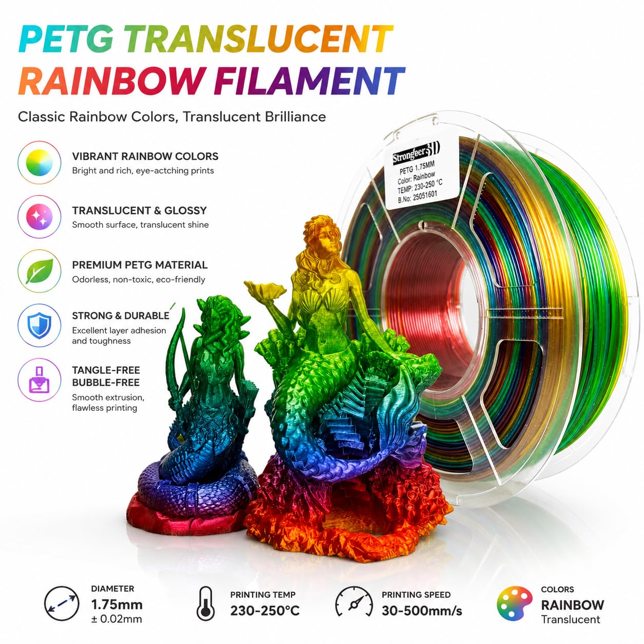 Filament do drukarki 3D PETG, 1,75 mm, wielokolorowy, półprzezroczysta tęcza, 1 kg, dokładność +/-0,05 mm dla Ender3 Cr10