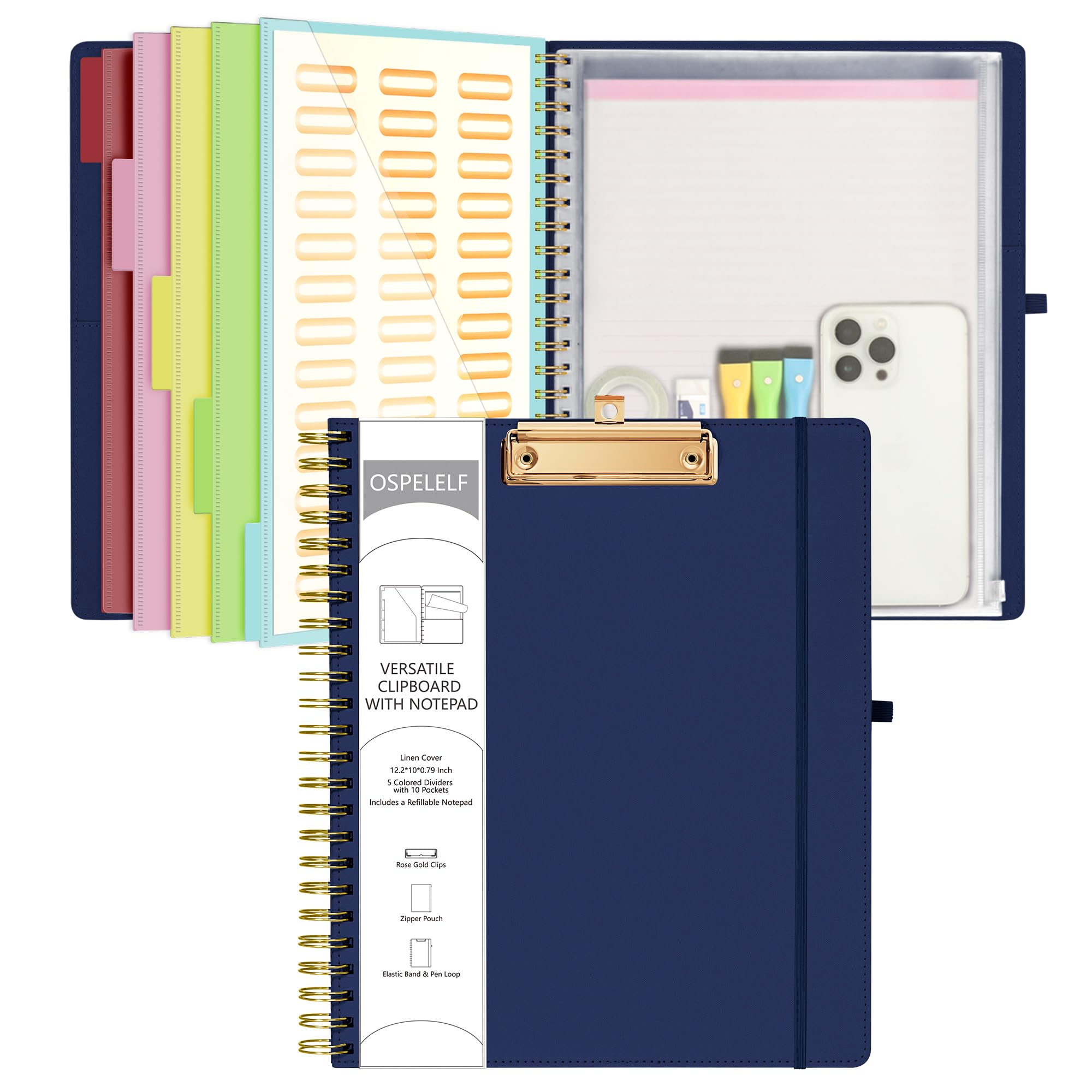 Ospelelf Bule Foldable Spiral Clipboard Folio with Storage Zipper Pouch, 5 Plastic Folders with 10 Pockets, Refillable Lined Notepad (11" x 8.5"),