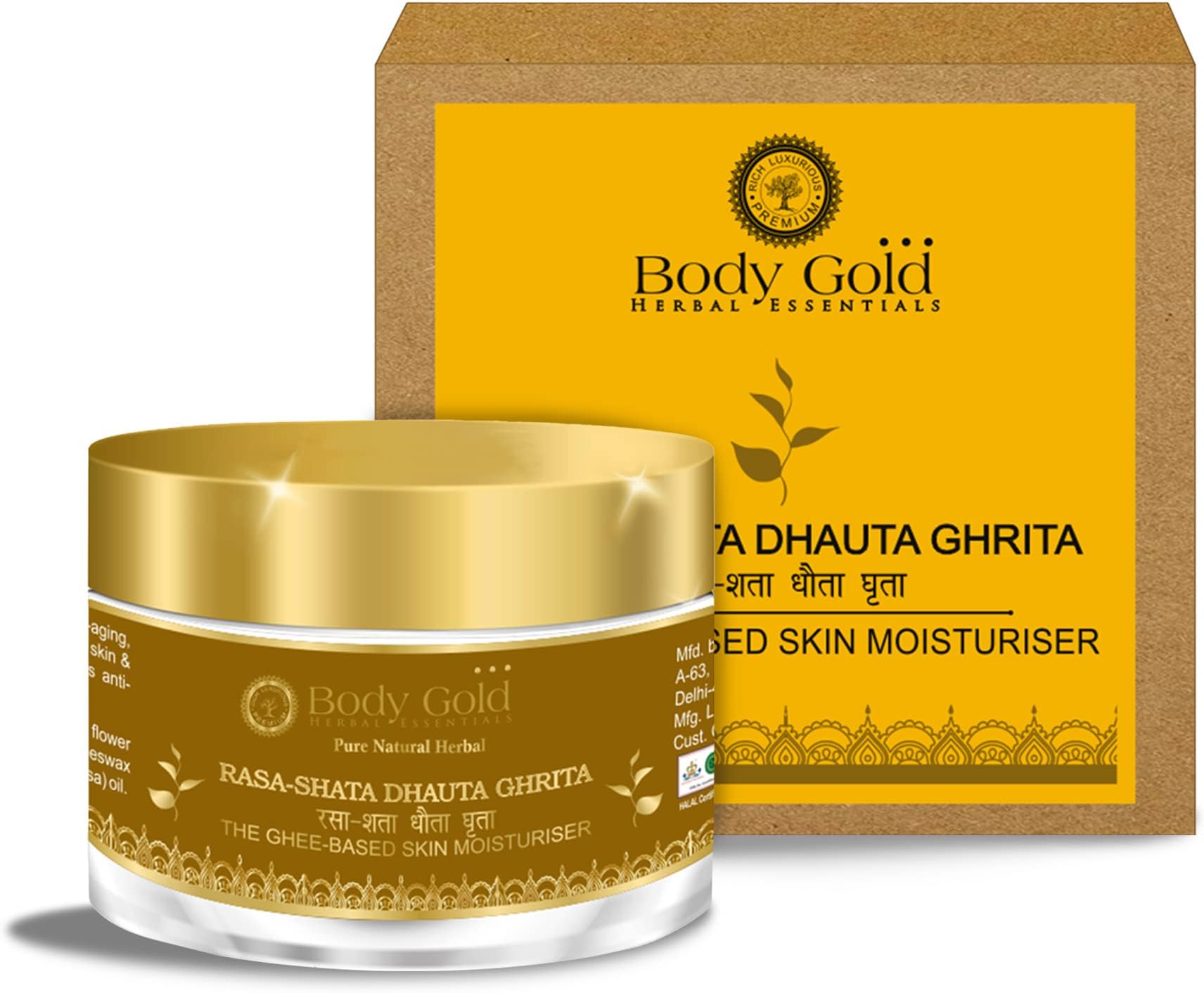 Body Gold Rasa Shata Dhauta Ghrita Cream - The Ghee Based Skin Moisturiser Highly Moisturizing And Hydrating Production,Has Healing Properties,Gives Soft And Supple Skin,Rejuvenating 50G(Cr-05)