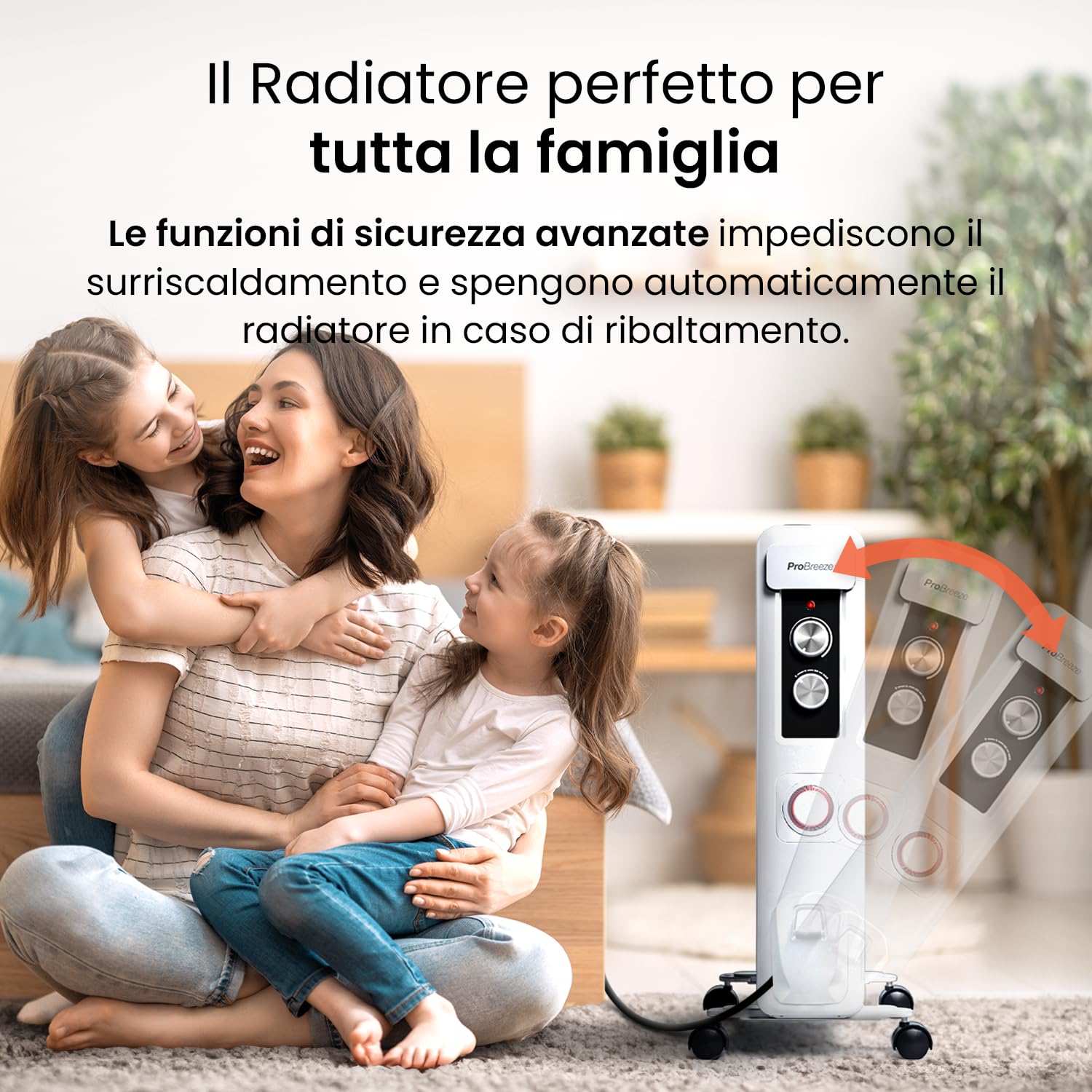 Pro Breeze Radiatore elettrico portatile 2500W con bocchettone di riempimento dell'olio, timer incorporato, 3 livelli di calore, termostato con circolazione avanzata.