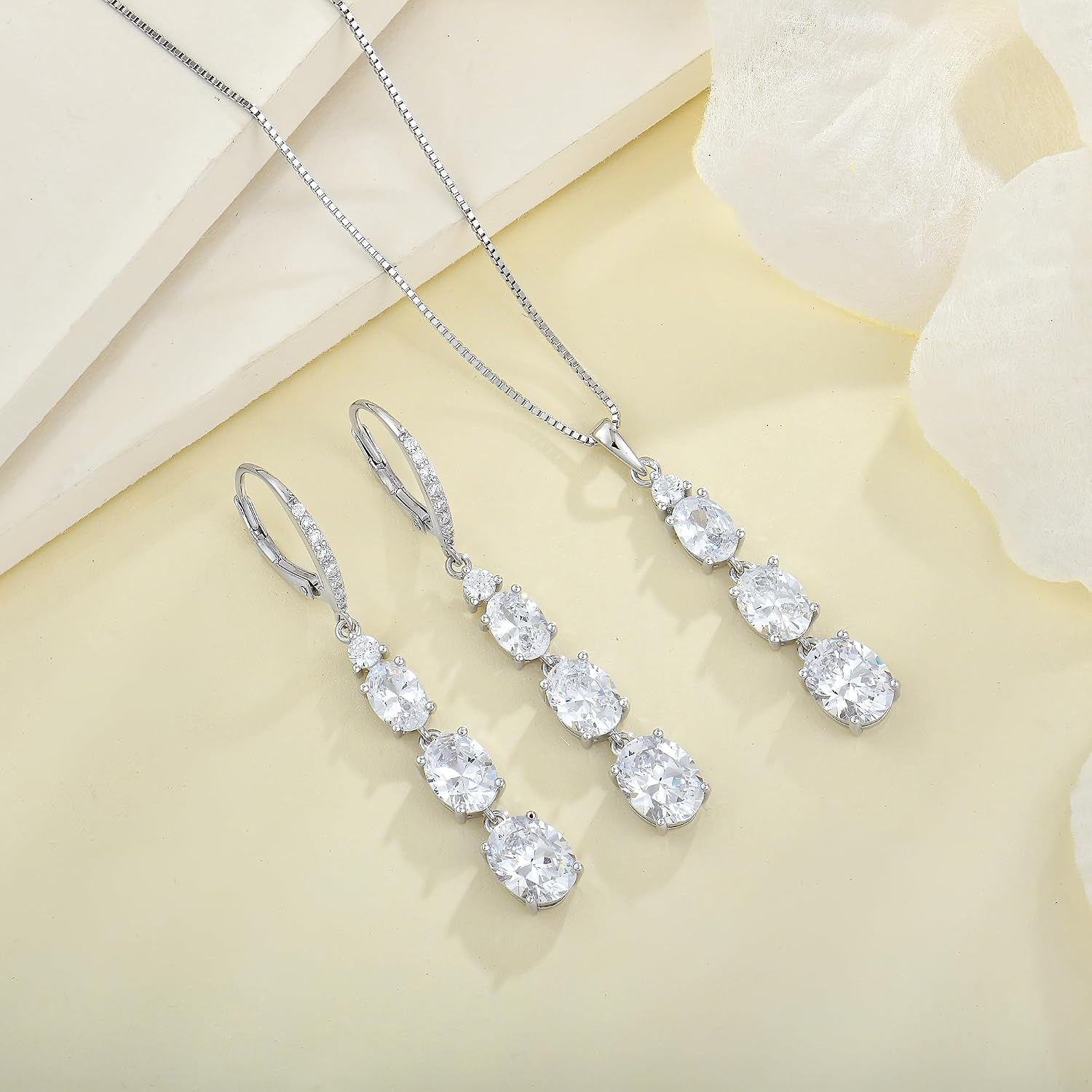 Cubic Zirconia April Birthstone Jewelry Set 3 stone Long Blue Drop Earrings Necklace Set