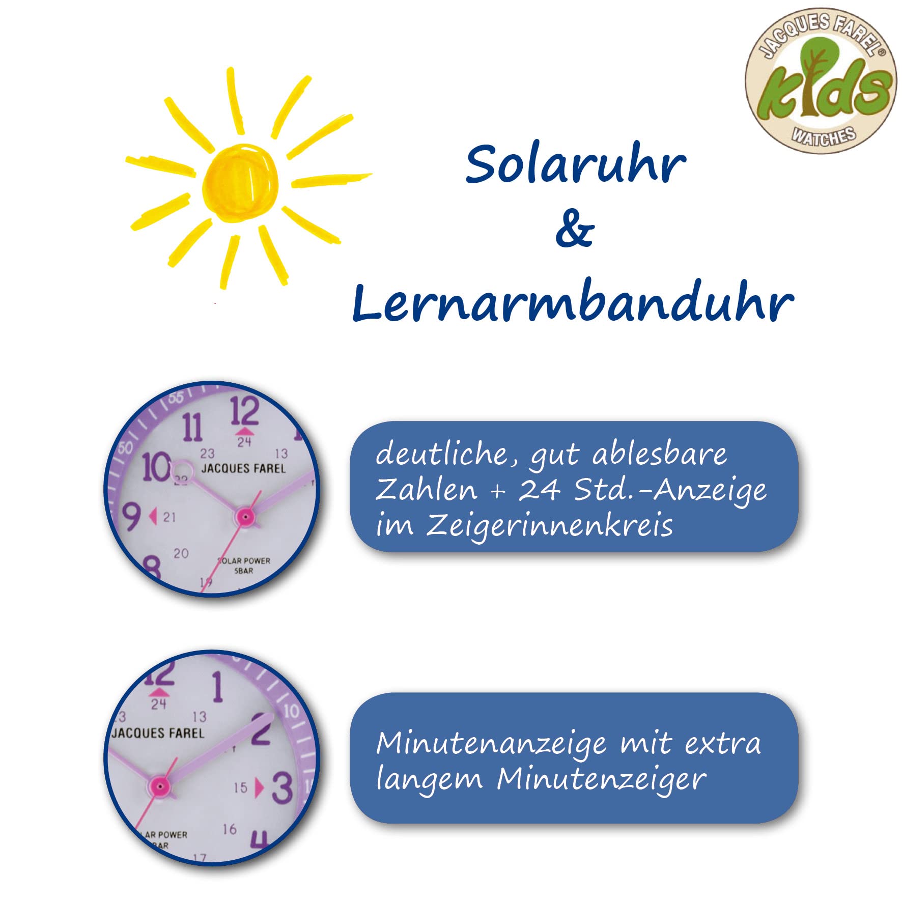 Jacques FAREL Solaruhr Lernuhr Öko Kinderarmbanduhr Mädchen Analog Quarz mit Textilarmband aus Bio-Baumwolle Lila Violett Nachhaltig ORSO 3110