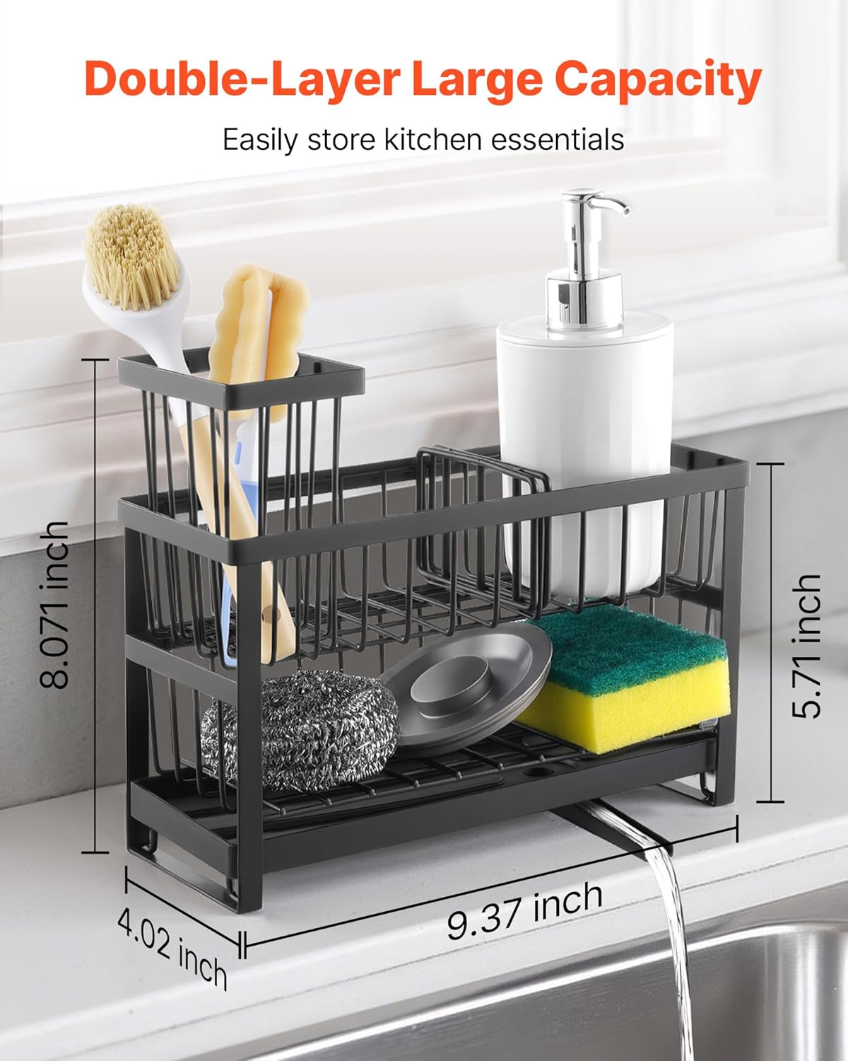 VEVOR Kitchen Sink Caddy Organizer, 2 Tier Sponge Holder for Kitchen Sink with High Brush Holder & Divider, Storage Rack with Rotatable Drainage Spout, Countertop Organizers and Storage Essentials