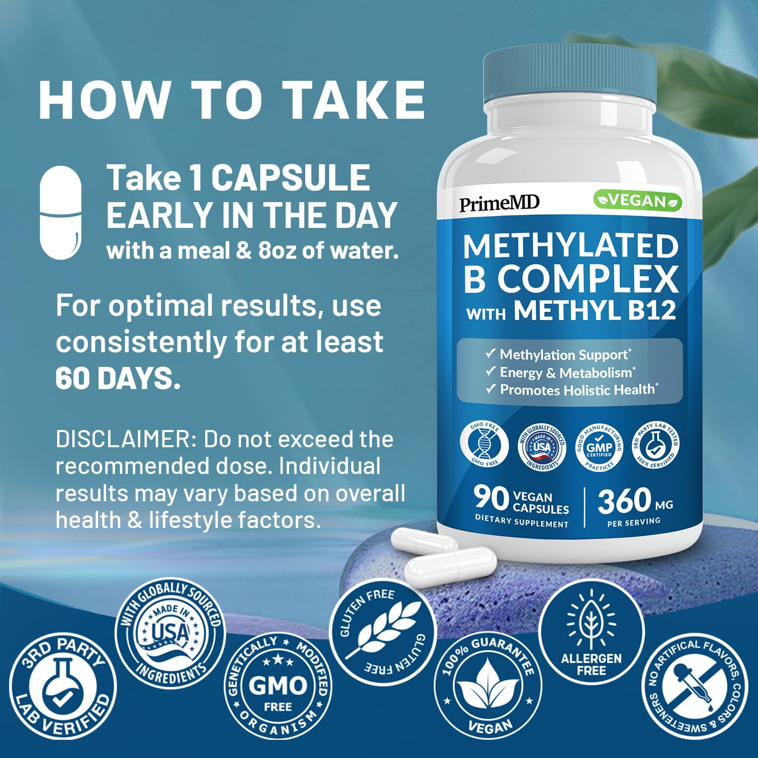 Methylated B Complex with Methylfolate and B12 Methylcobalamin 1000 mcg - Methylated Multivitamin for Energy, Brain Function, and Wellness - Vitamin B Complex for Men & Women (90 Servings) (Pack of 1)