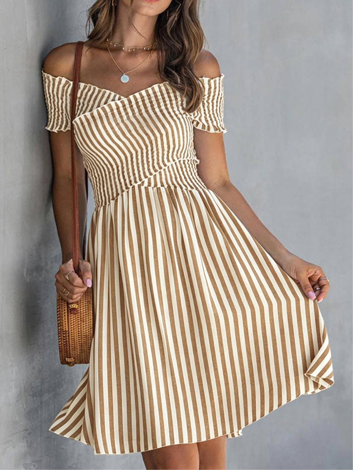 Abito Donna Nuova Estate Manica Corta Chic Mini Primavera A Righe Stampa Linea Vestito da Festa Sexy Criss-Cross Fuori Spalla Boho Abito-05 Gray-l