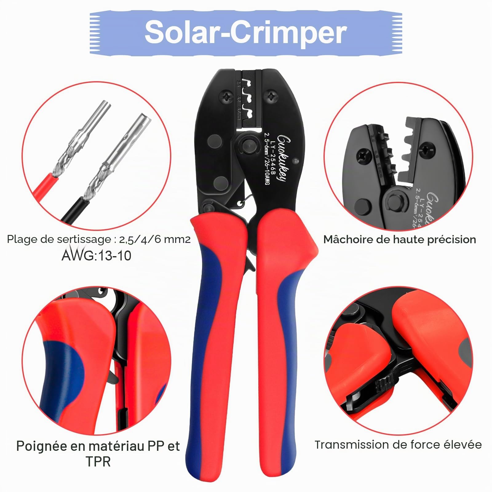 Kit de pinces à sertir solaire pour câble PV 2,5/4/6 mm², 5 paires de fiches MC4, 9 fiches solaires mâle/femelle, 1 pince à sertir MC4