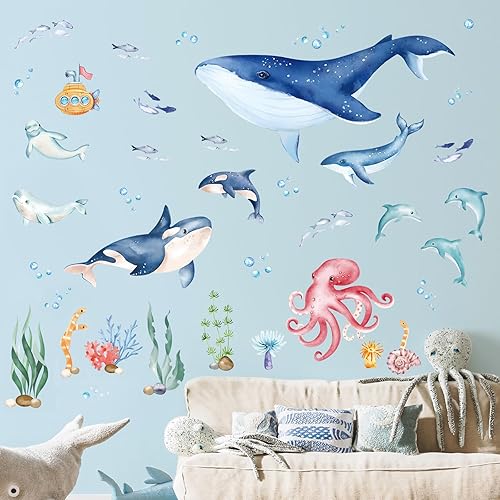 Miniatura 3 de wondever Pegatinas de pared de ballena marina con diseño de delfín y pez oceánico, calcomanías de arte de pared para guardería, habitación de niños