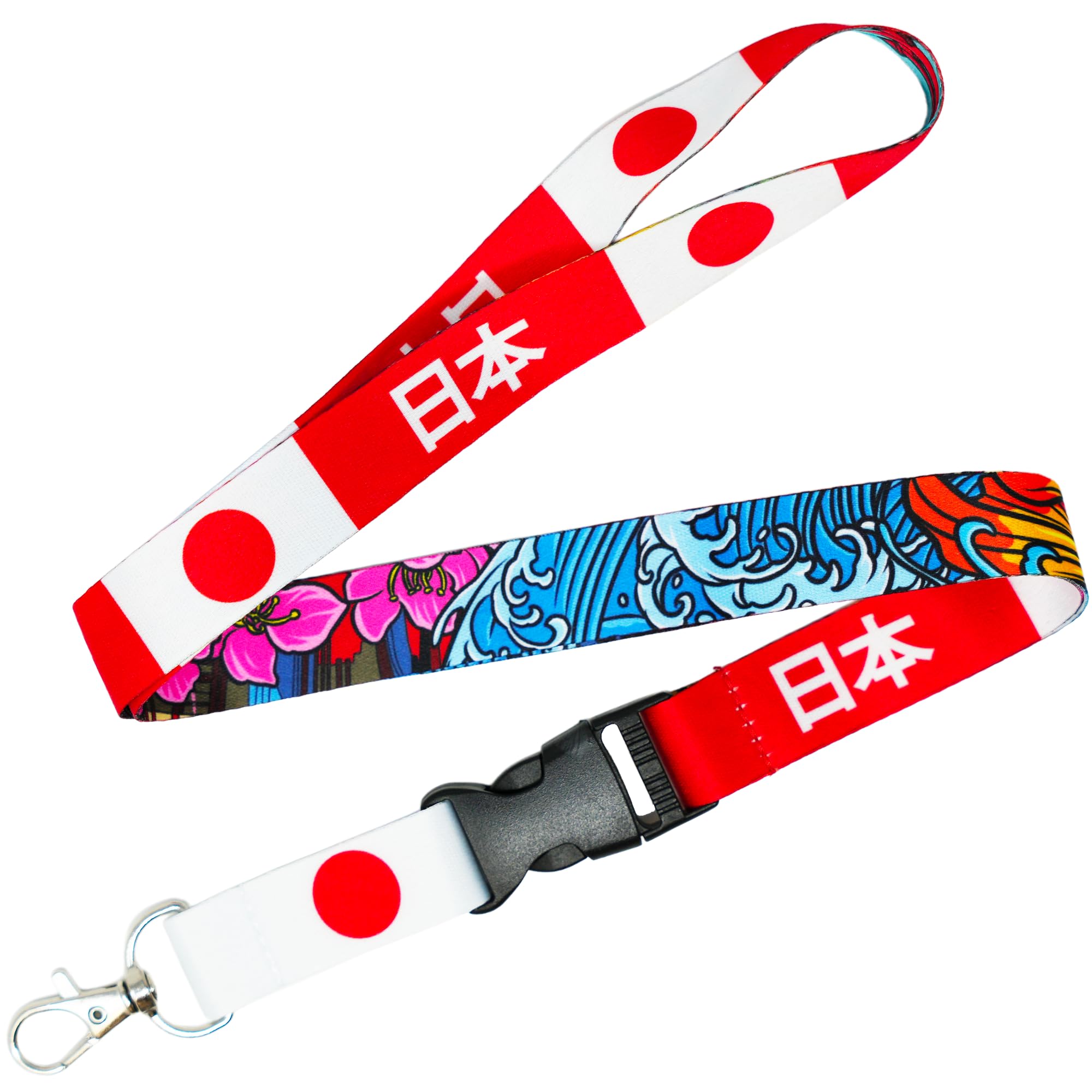 Tigoli Japan Flag & Culture Lanyard – Japanese “Nihon” Design with Cherry Blossoms and Wave Art | Detachable Clip & Metal Hook | Perfect for Travel, Work Badges & Fans of Japanese Culture