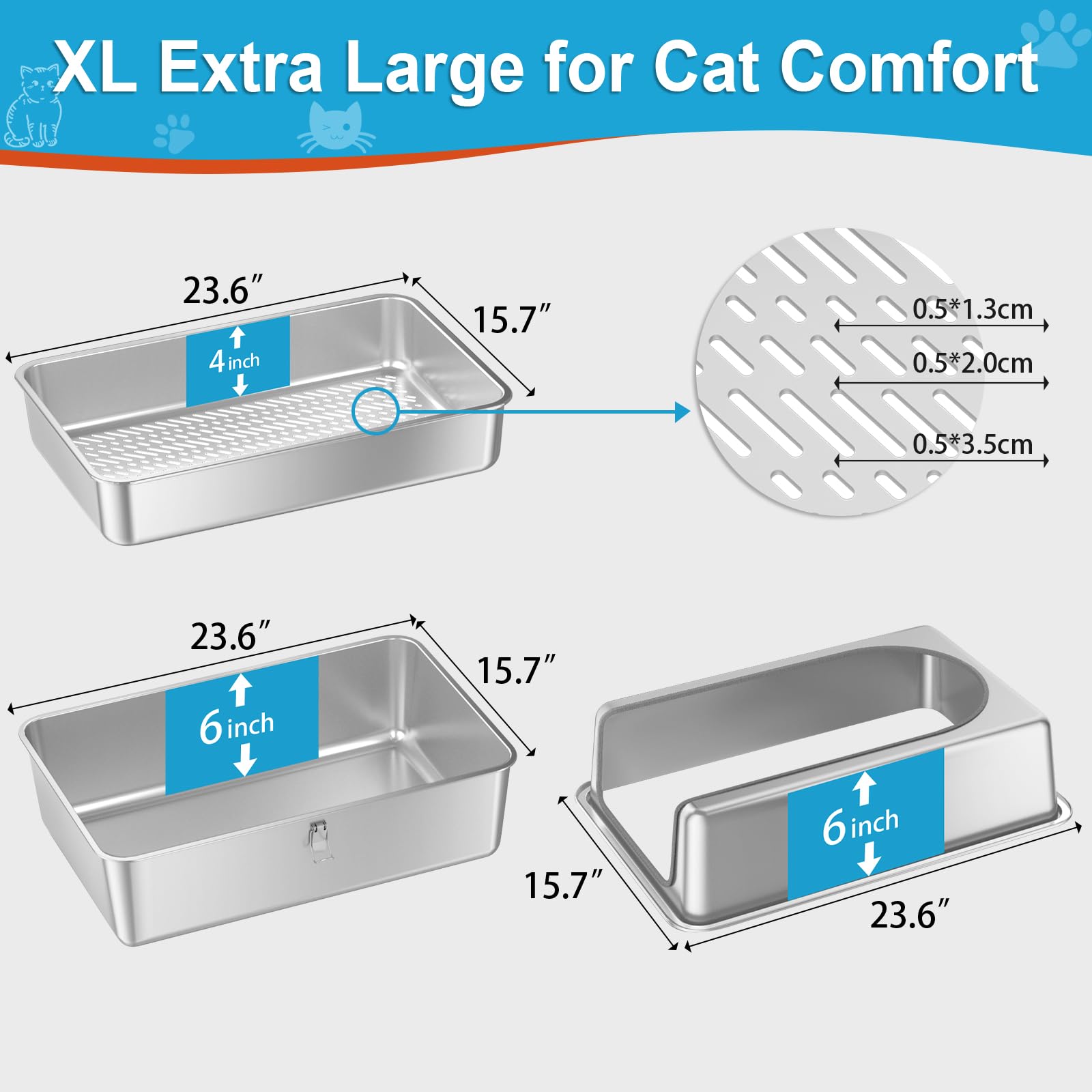 All Stainless Steel Sifting Litter Box with Lid,XL Extra Large Metal Sifting Cat Litter Box for Pine Pellets,High Sides Sifter Litter Pan System for Big Cats,Odor Control,Sifting Box Liners and Scoop - image 6