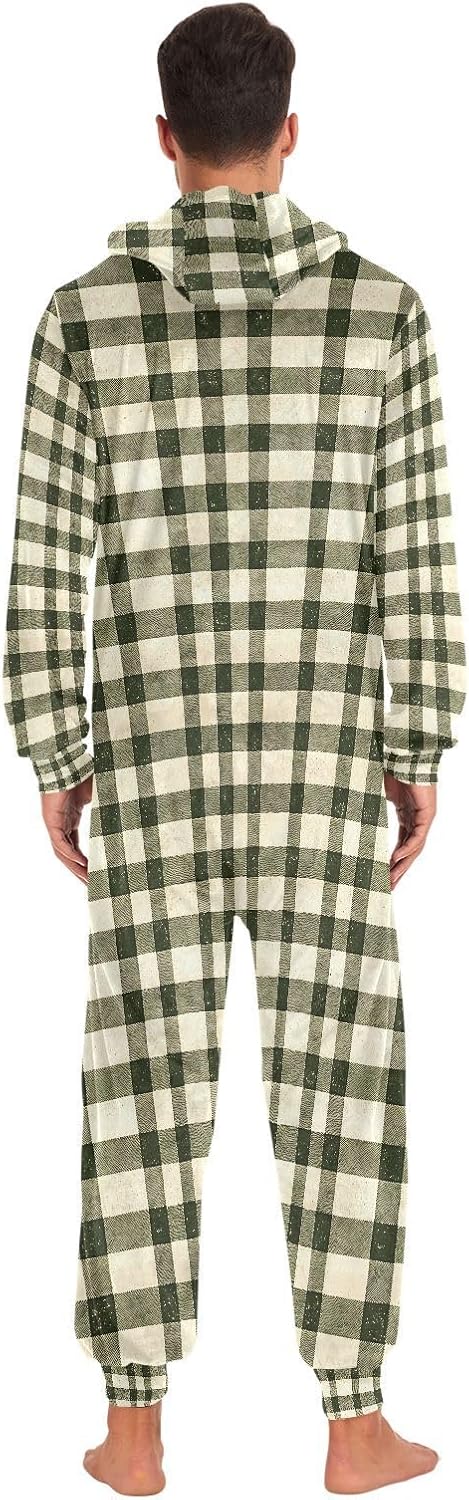 Green Checkered Buffalo Plaid B Adult Onesie Pajamas Novelty One Piece Costume Sleepwear Jumpsuits Matching PJS