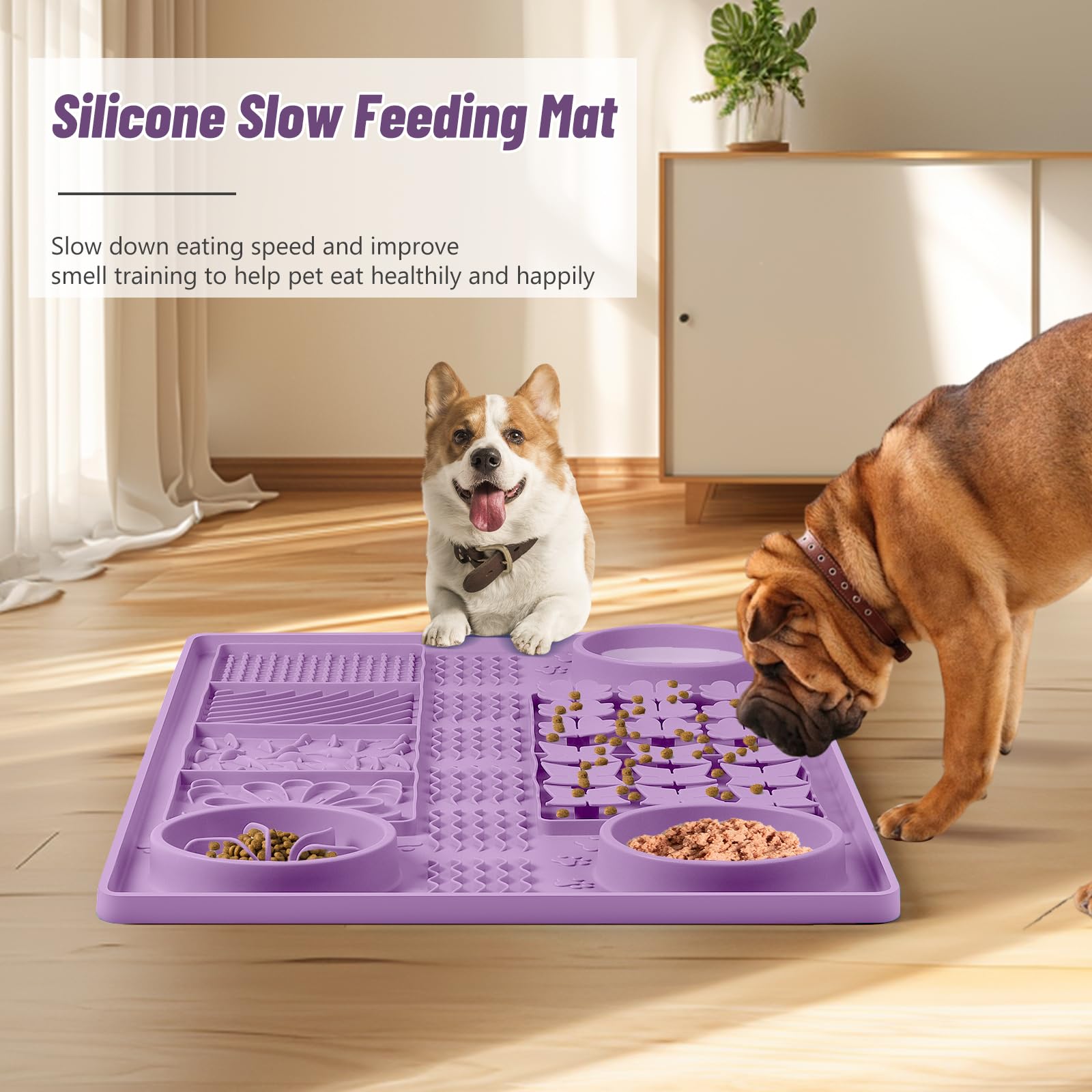 große Silikon Schnüffelmatte, 32''x 20'' Hund lecken Matte mit Saugnäpfen, Slow Feeder für kleine/mittlere/große/mehrere Hunde, langsames Fressen, Langeweile Reducer (lila)