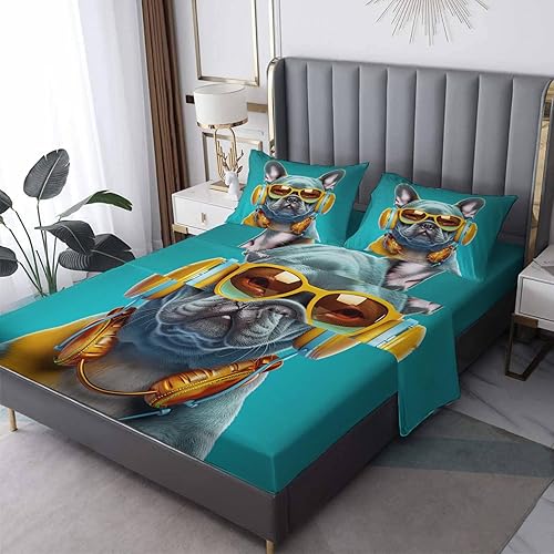 J3-&-292 - Juego de sábanas de Bulldog francés de tamaño matrimonial, sábanas divertidas para perro, sábanas y fundas de almohada estampadas, 4
