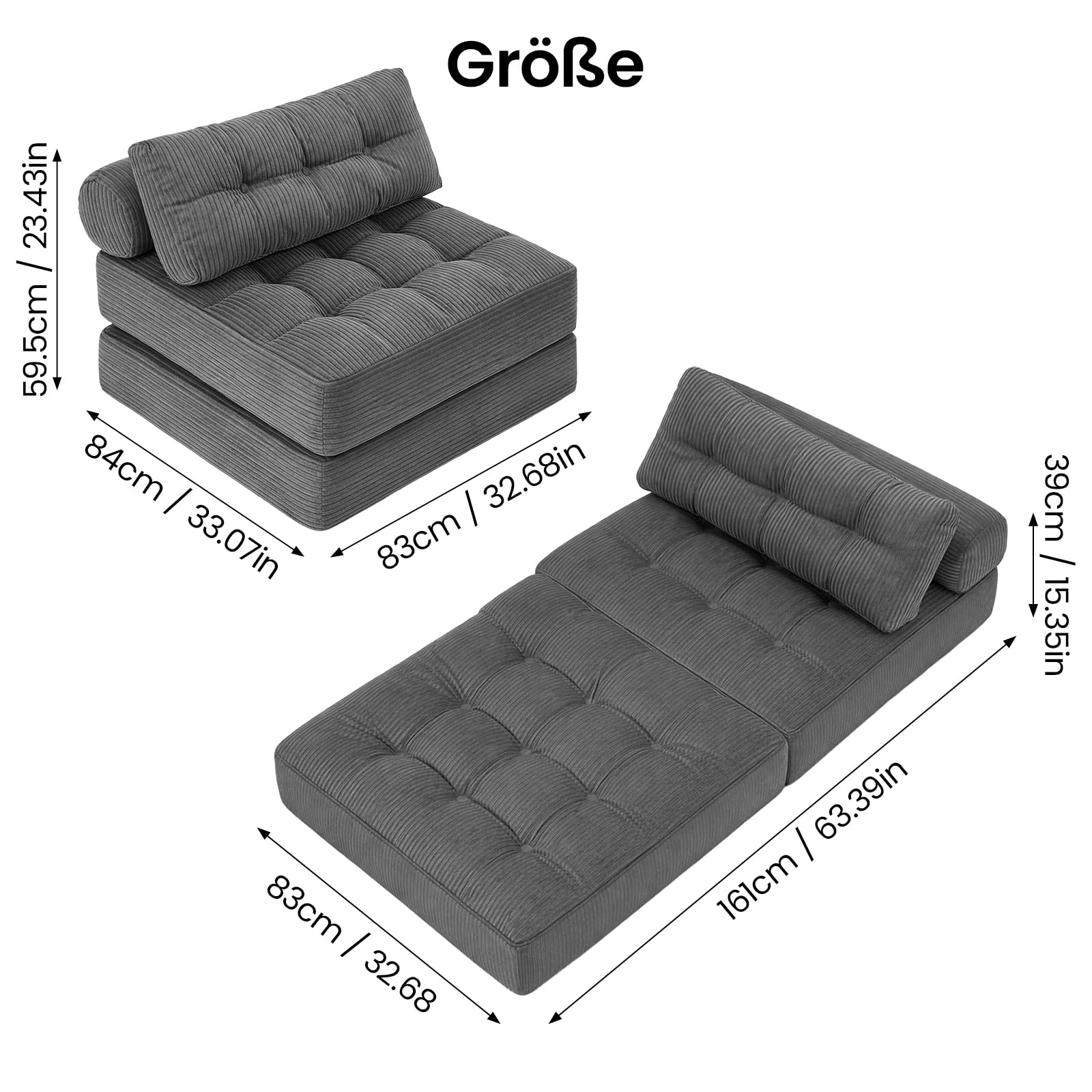 Klappbares Schlafsofa, 4-in-1-Wandelstuhlbett und Sitzsackcouch, platzsparendes Gästebett für kleine Wohnungen, Studentenwohnheime, Wohnzimmer und Schlafzimmer, keine Montage erforderlich (Grau)