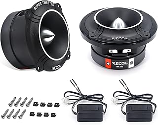 RECOIL TW250 High Compression Car Bullet Super Tweeters, 1-Inch High Temperature Kapton Voice Coil, Aluminum Frame and Diaphragm, 400 Watts Max, 200 Watts RMS, 4 Ohms, Pair