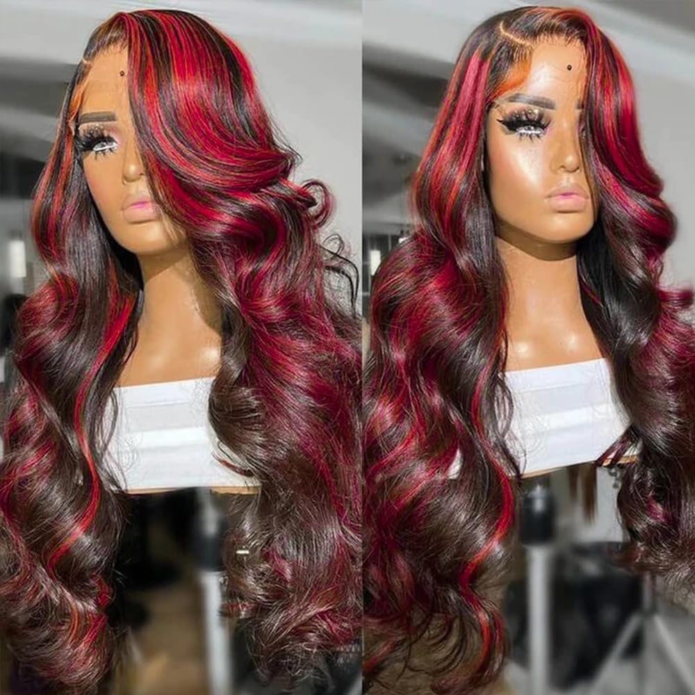 QD-Tizer Red Highlights Lace Front Wigs for Women Body Wave Middle Part Long Hair Wigs Glueless Red Mixed Black Color Long Wavy Wigs for Fashion Women Heat Resistant Natural Wave for Daily Party Use