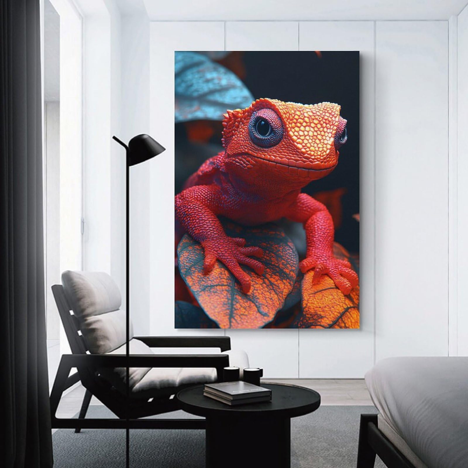 Junmoney Red Lizard Portrait on Leaves Wall Picture Print, 12x18inch(30x45cm), for Workspace Walls, Study Corners Or Bedrooms, Wall Art That Adds Style to Work Areas