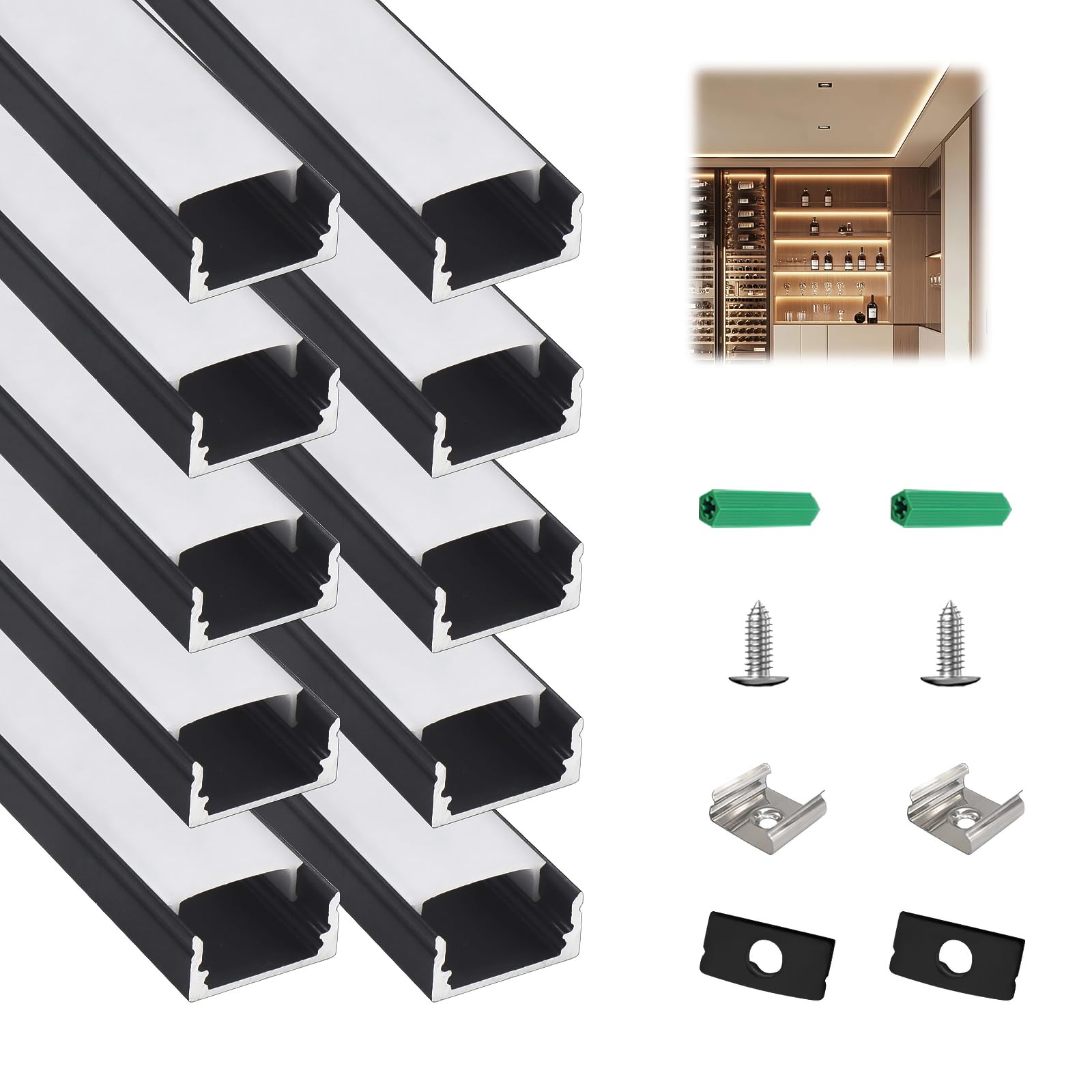 10-Pack 3.3ft/1m U-Shape LED Aluminum Channel with Milky White Cover, Black LED Strip Light Track, High Transmittance Diffuser for Under Cabinet, Shelf, Stairs, fits 12mm Wide Strips