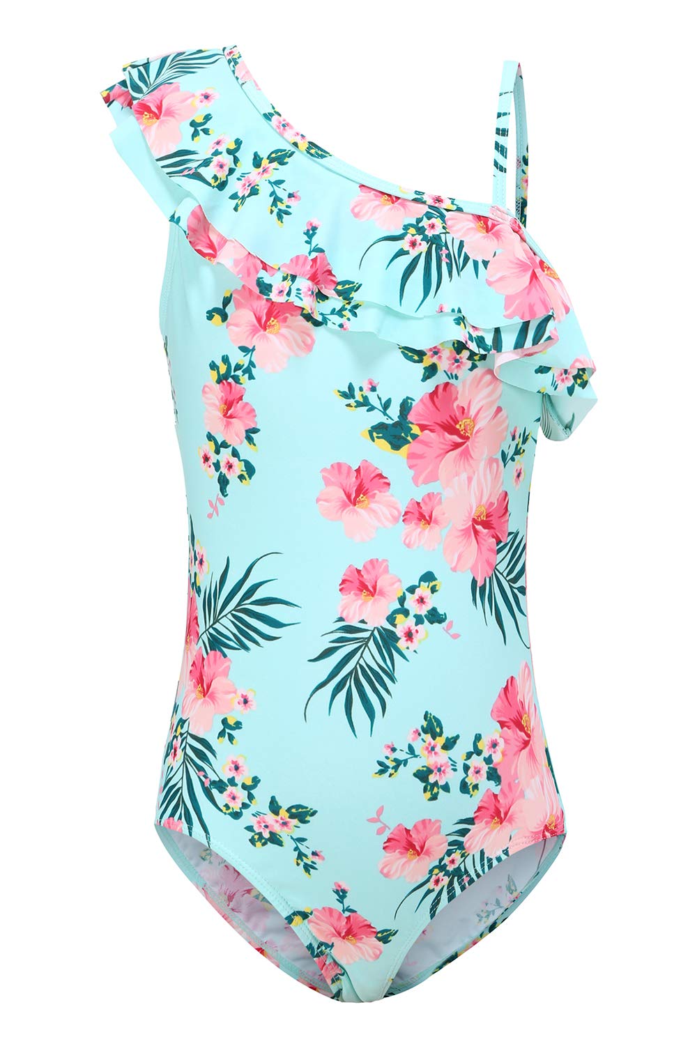 Moon Tree Girls Swimming Costume Floral One Piece Swimsuits One Shoulder Ruffle Swimwear Age 7-8 Years