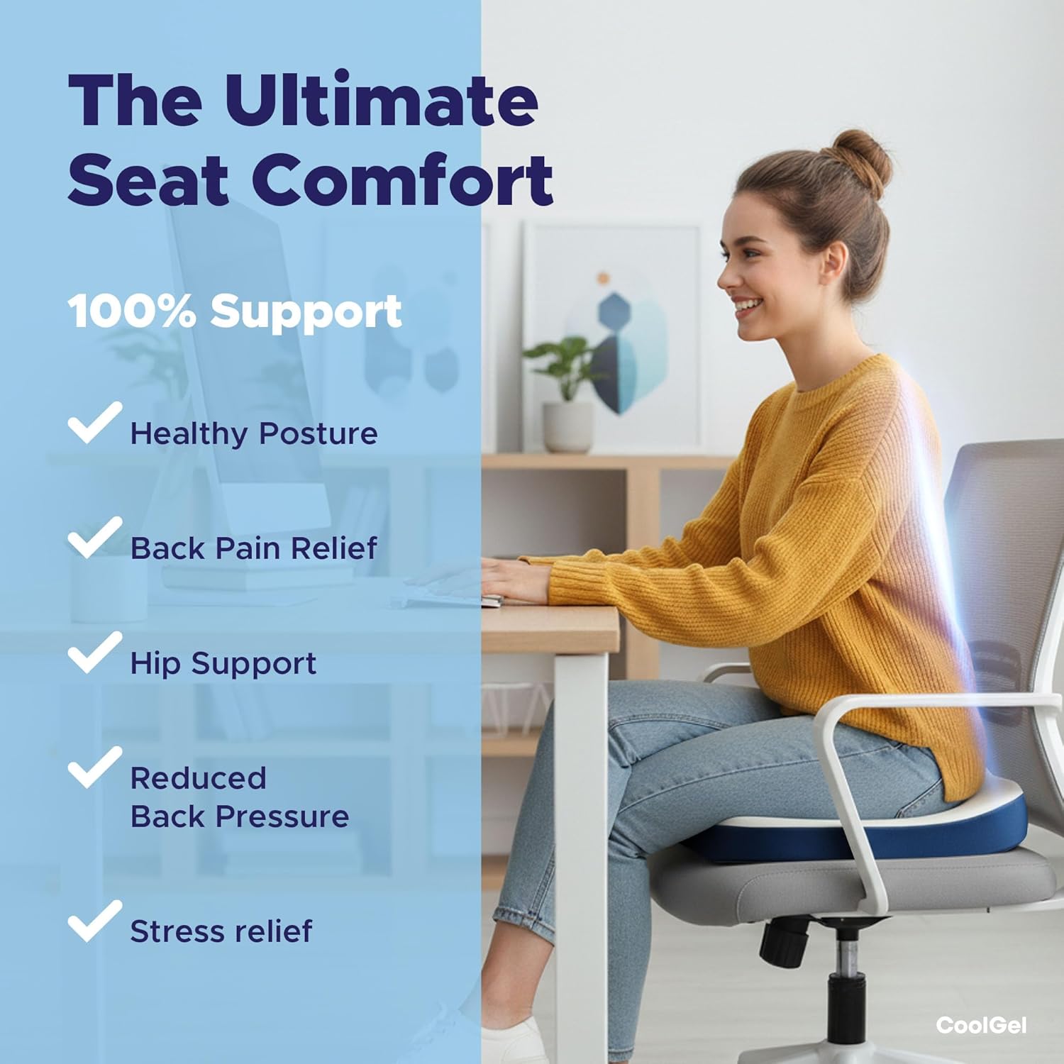 COOL GEL Memory Foam Seat Cushion, Gel Cooling Memory Foam, Office Chair Cushion for Tailbone, Sciatica & Back Pain Relief - Ergonomic U-Shaped with Non-Slip Base and Washable Cover