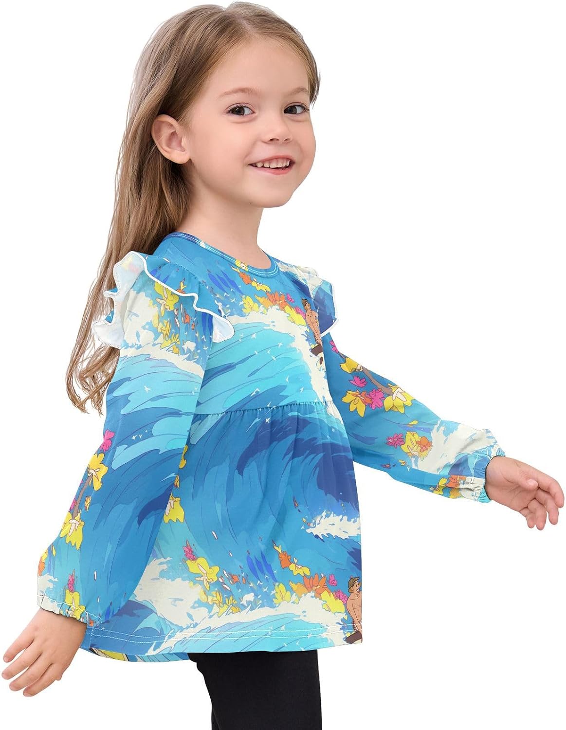 visesunny Toddler Clothes for Girls Man Surfing Long Sleeve Fall Shirts Cotton Top with Ruffle Collar