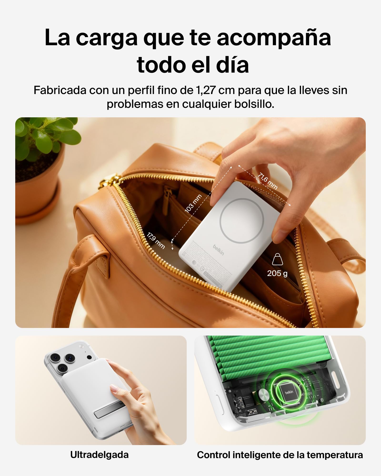 Belkin BoostCharge Batería Externa Magnética Delgada 10000mAh - Blanco | Power Bank con Soporte, Anillo Magnético, 1 Puerto USB-C, Cable Incluido, Autorizada como Equipaje de Mano, Batería Portátil