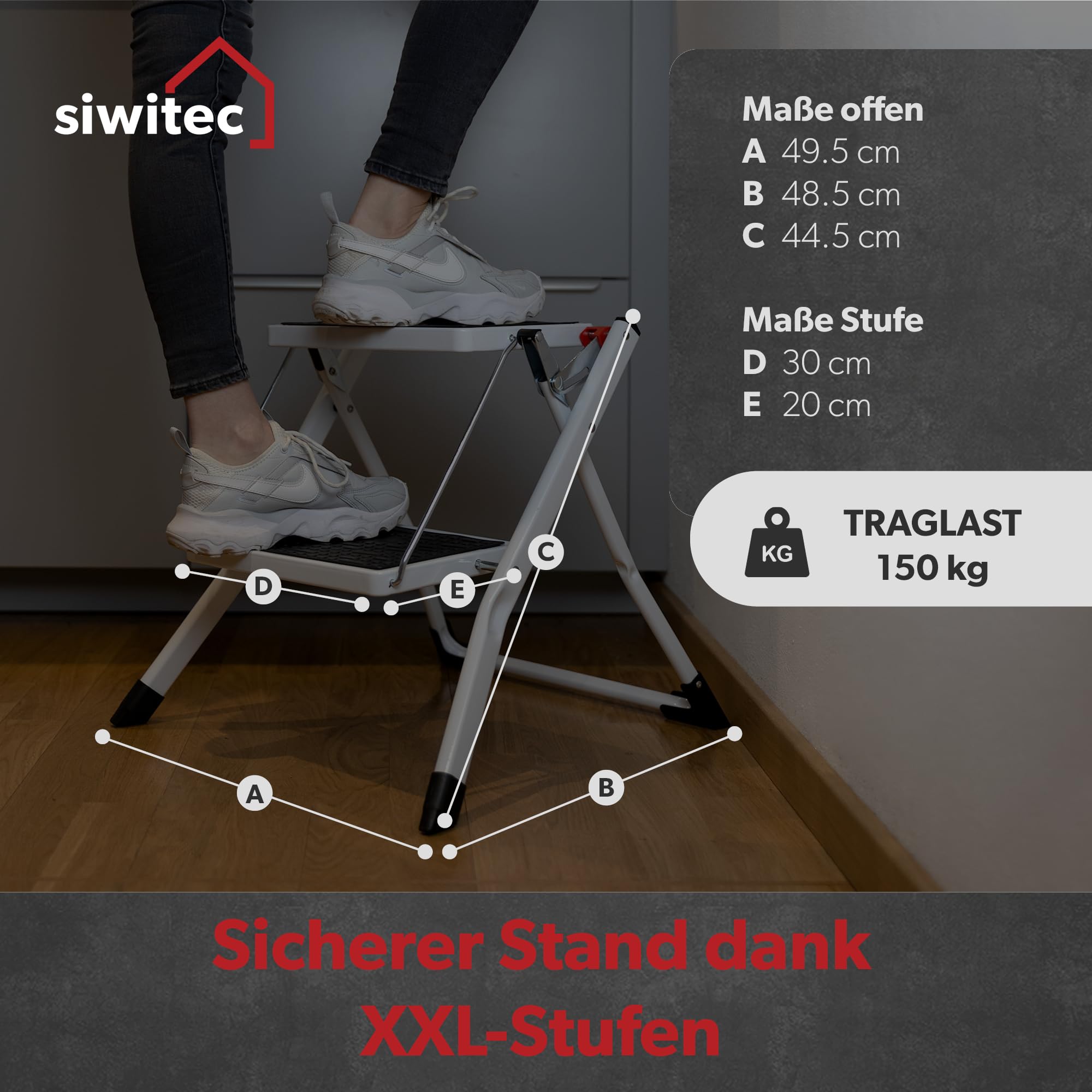siwitec Mini Klapptritt mit 2 Stufen, Faltbare Leiter, Tritthocker bis zu 150 kg belastbar, Trittleiter mit extra Breiten Stufen, Haushaltsleiter in Anthrazit aus Stahl, TÜV/GS Zertifiziert