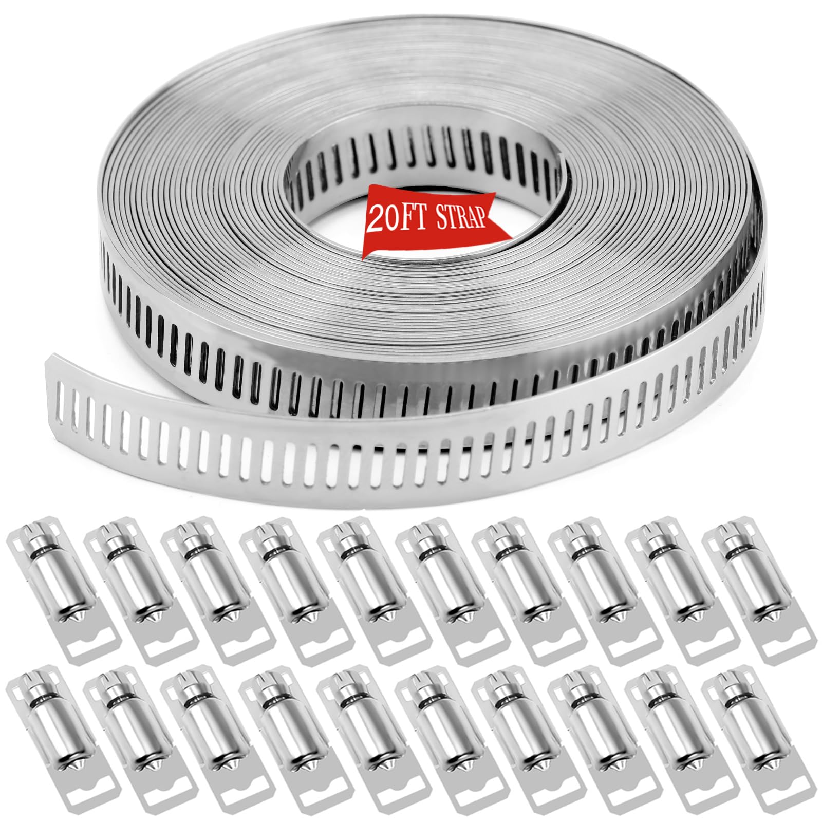WSWECCL Hose Clamps 20FT Strap+20 Fasteners,DIY Cut-To-Fit 304 Stainless Steel Adjustable Large Worm Gear Band Clamp Assortment Kit,Metal Screw