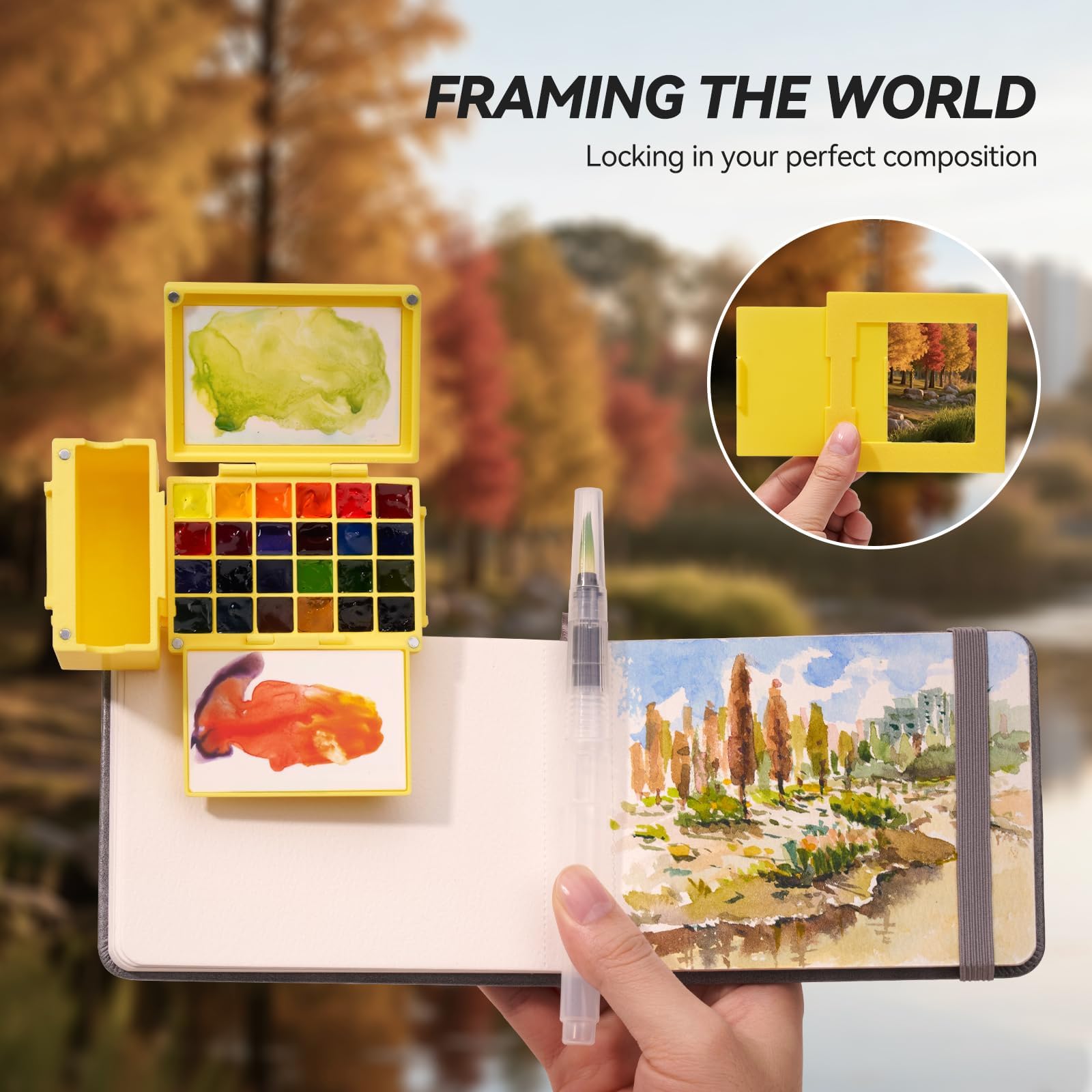 LIGHTWISH Set Acquerello Portatile 24 Colori, Kit Pittura Completo con Pennello ad Acqua, Quaderno Acquerello, Paletta Ceramica, Mirino, per Schizzo Esterno per Artisti e Principianti, Giallo