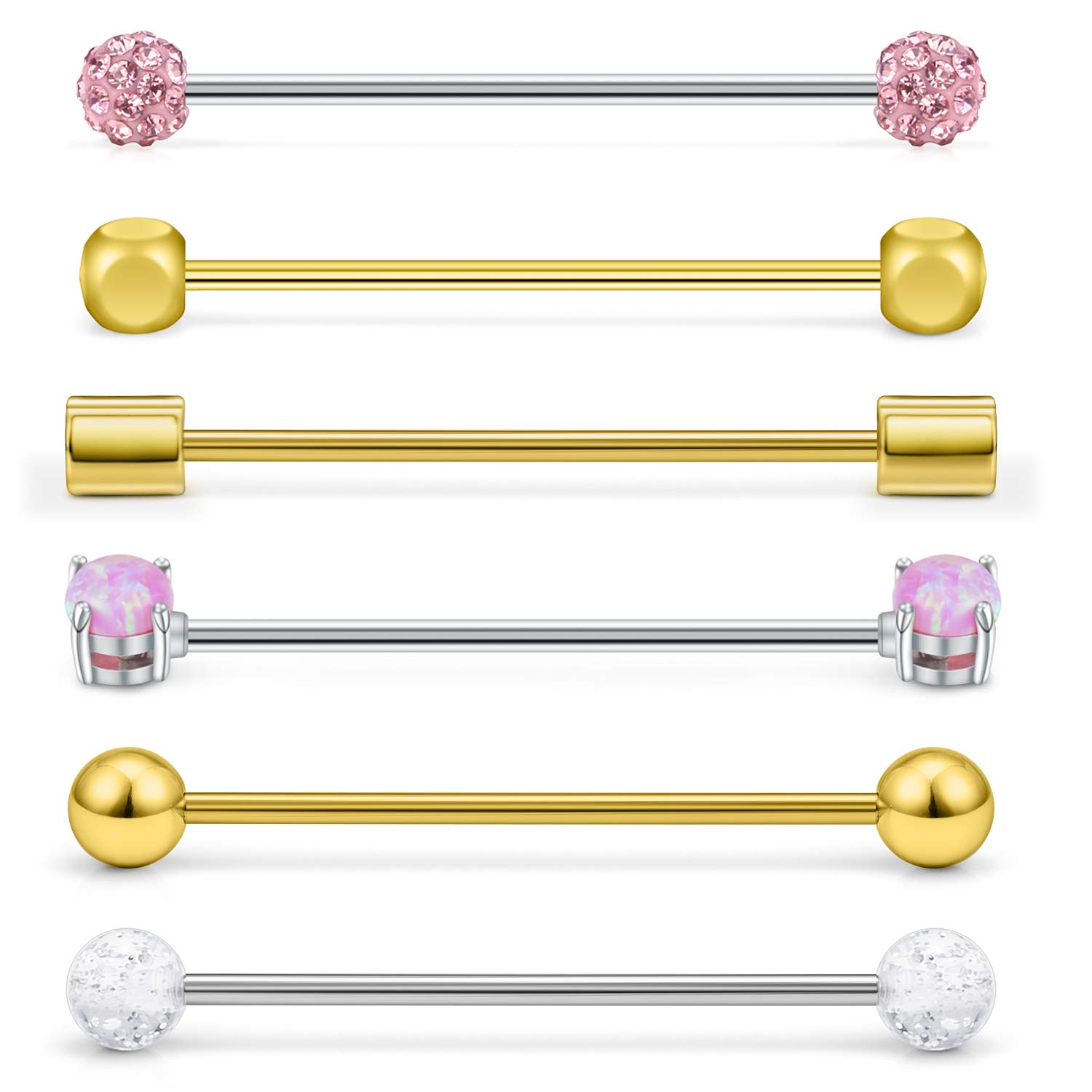 SCERRING 6PCS 14G Stainless Steel Industrial Barbell Opal Cartilage Helix Conch Earring Body Piercing Jewelry 1 3/8Inch(35mm) for Women Men