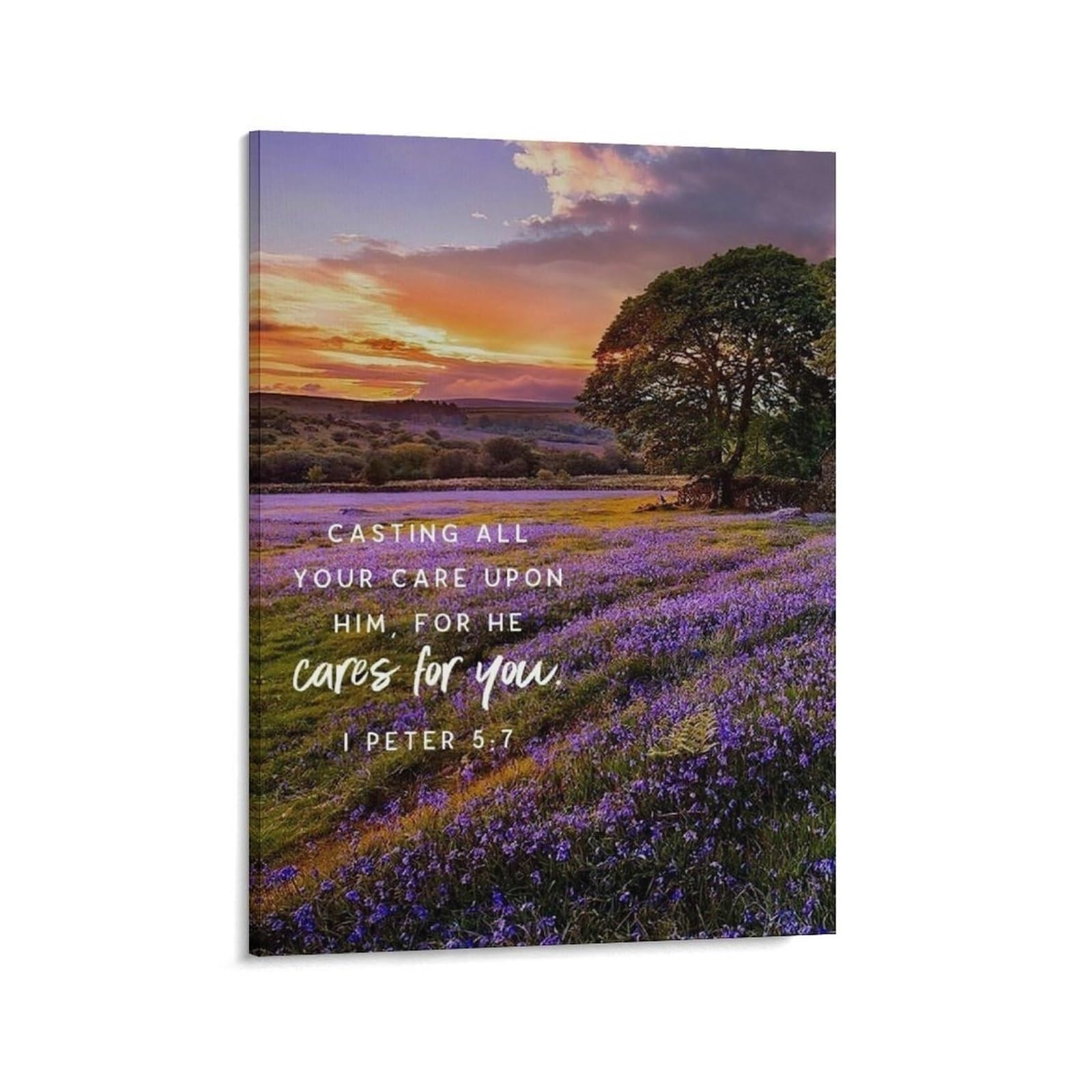 FOPURE Cast Your Cares Upon Him Wall-Art, 1 Peter 5:7 Scripture Canvas Poster, Comforting Christian Decor for Anxiety, Home, Office(Framed,16x24inch(40x60cm))