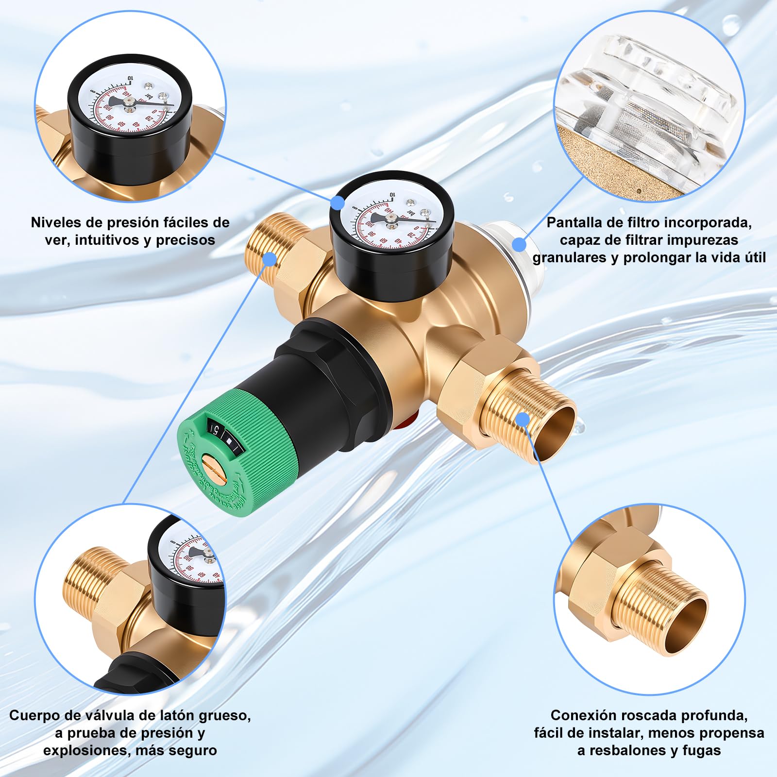 Diealles Shine Reductor de presión de agua 3/4 pulgadas, regulador de presión de agua con manómetro y filtro de malla, reductor de presión regulador de presión de latón para casas, edificios, fábricas