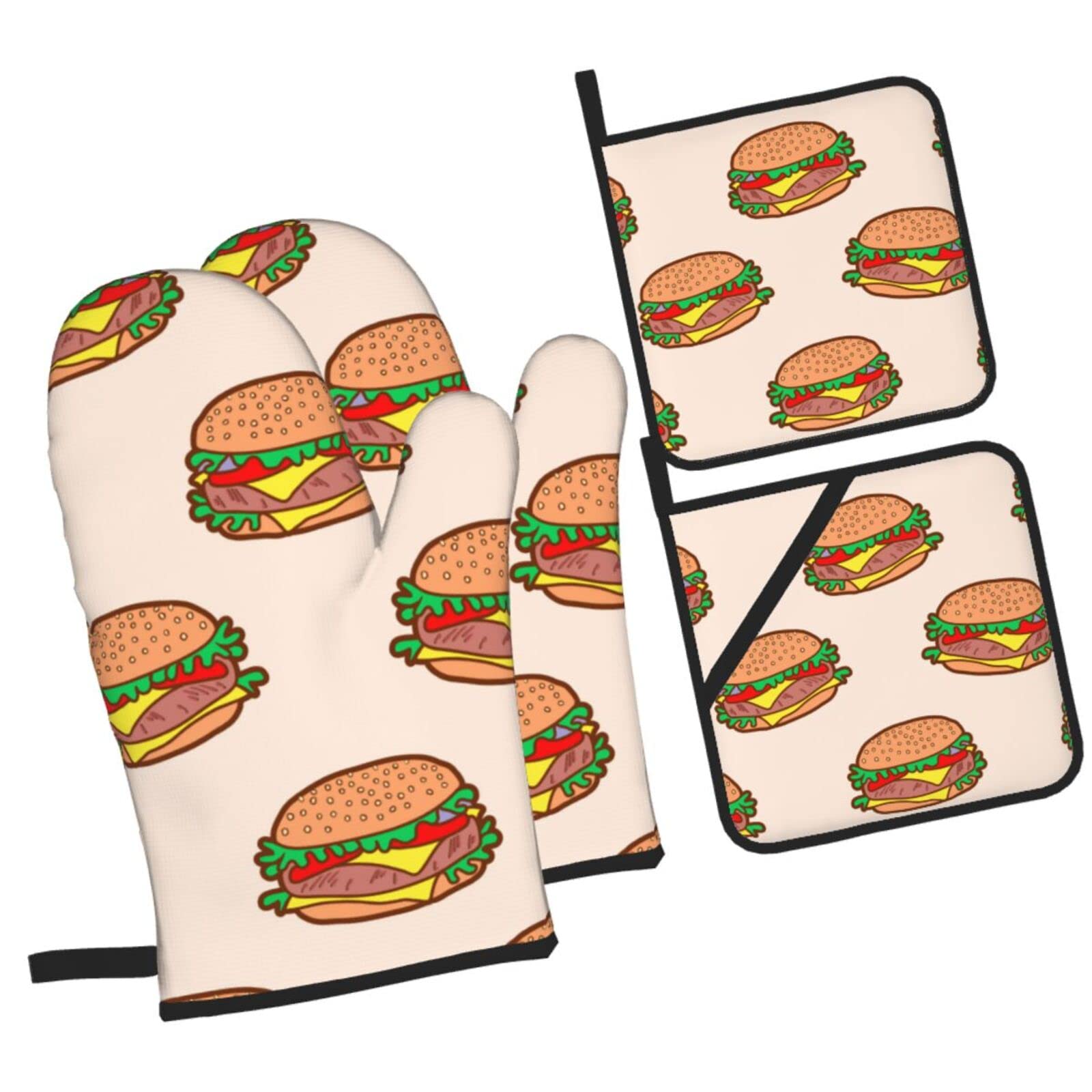 Colorful Bright Delicious Burgers Oven Mitts and Pot Holders Sets, Christmas Oven Mitt Kitchen Heat Resistant Non-Slip Pot Holders Set for Cooking Baking BBQ