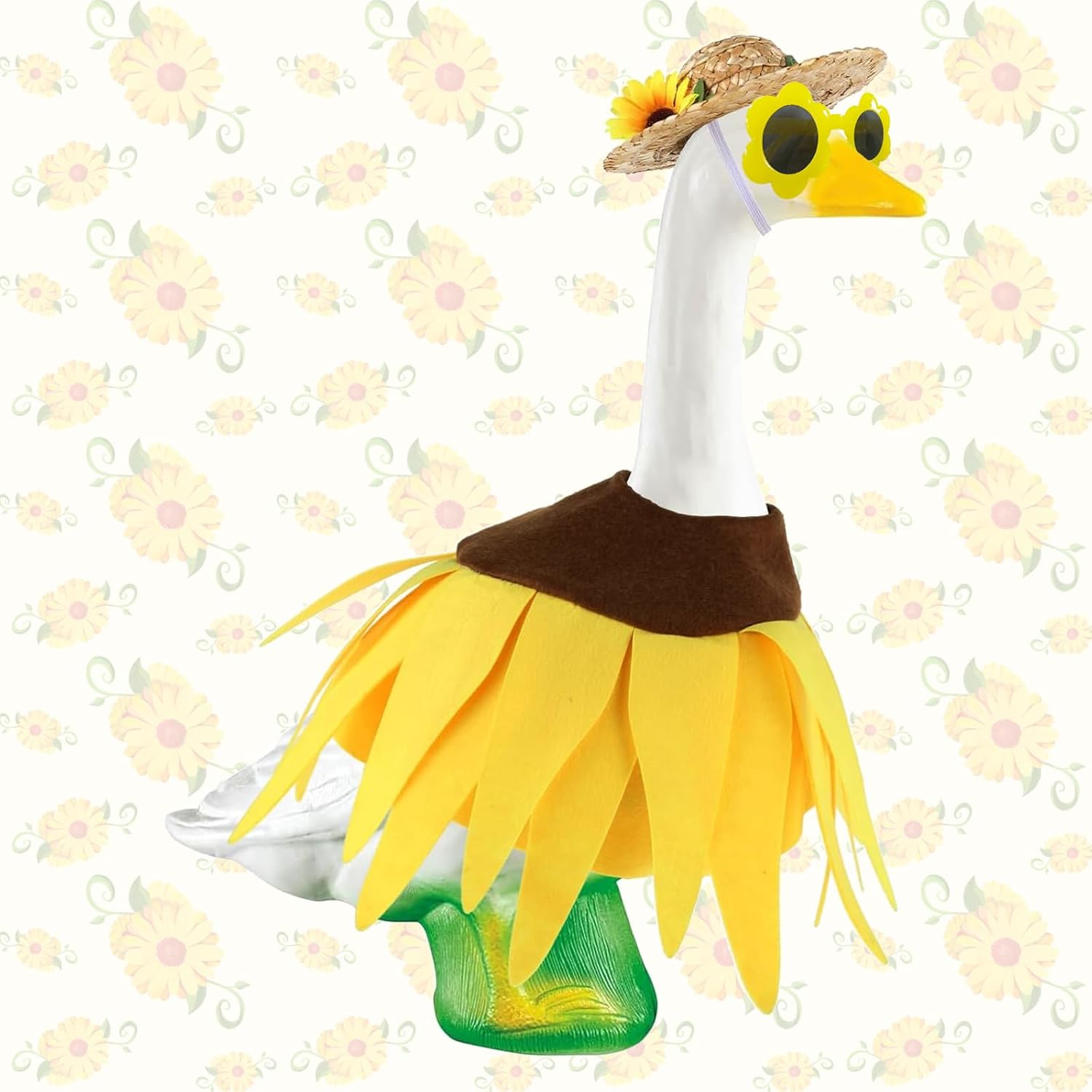 MASU&FHWE Sunflower Goose Outfit Spring Costume Set, Dress with Straw Hat and Sunglasses for 23" Cement Goose Statue, Outdoor Garden Yard Patio Lawn Decor