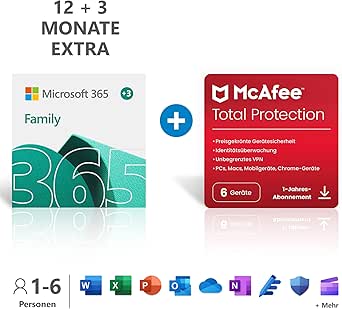 Microsoft 365 Family 12+3 months subscription | 6 users | Multiple PCs/Macs, Tablets/mobile devices | Download Code + McAfee Total Protection 2022 | 6 devices |12 months subscription | Download Code