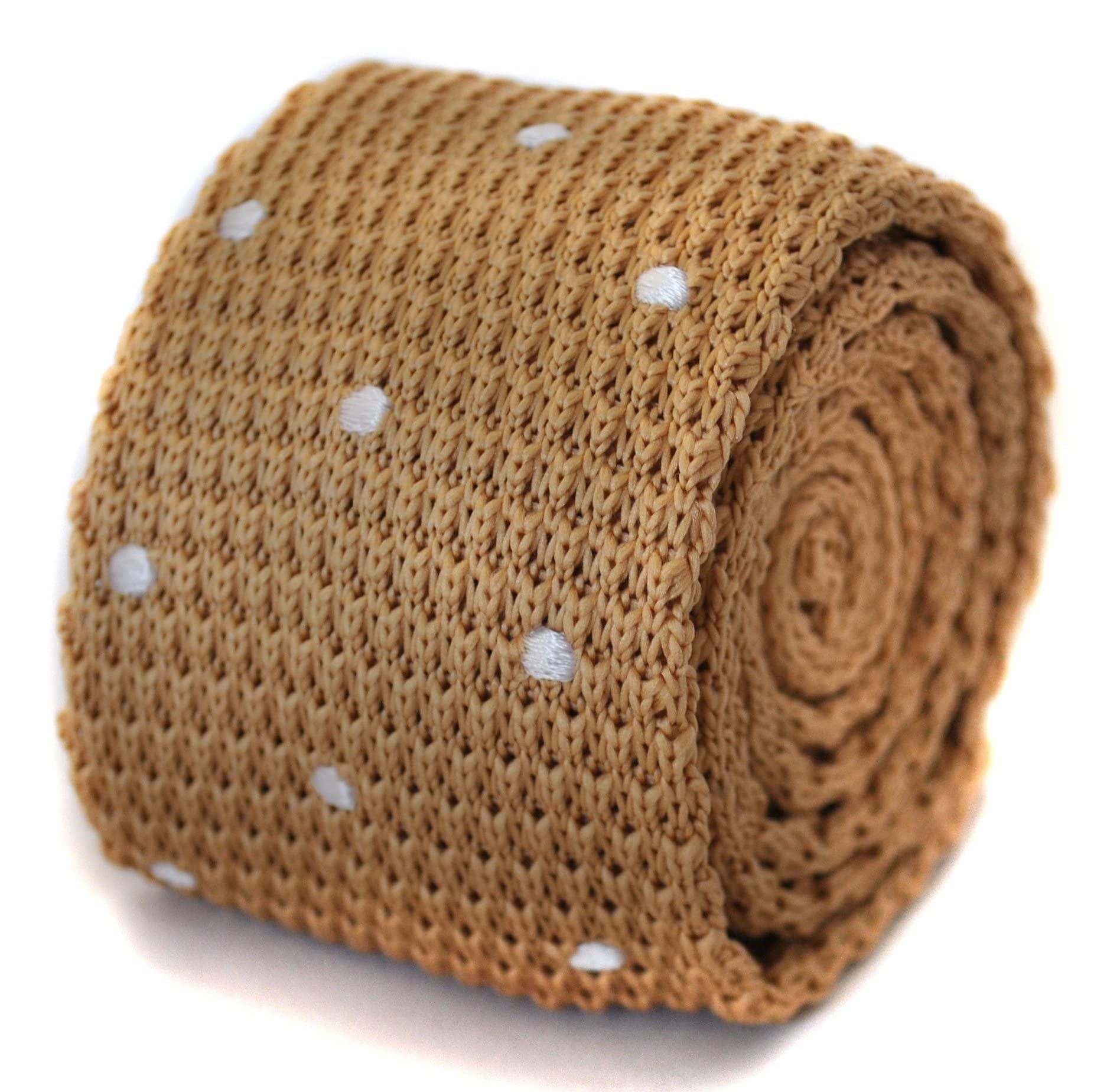 Frederick Thomas Men's Beige Knitted Necktie With White Spots, Slim 5Cm Width, Stylish Elegant Formal Wear Accessory, Classic Pattern, Gift Idea
