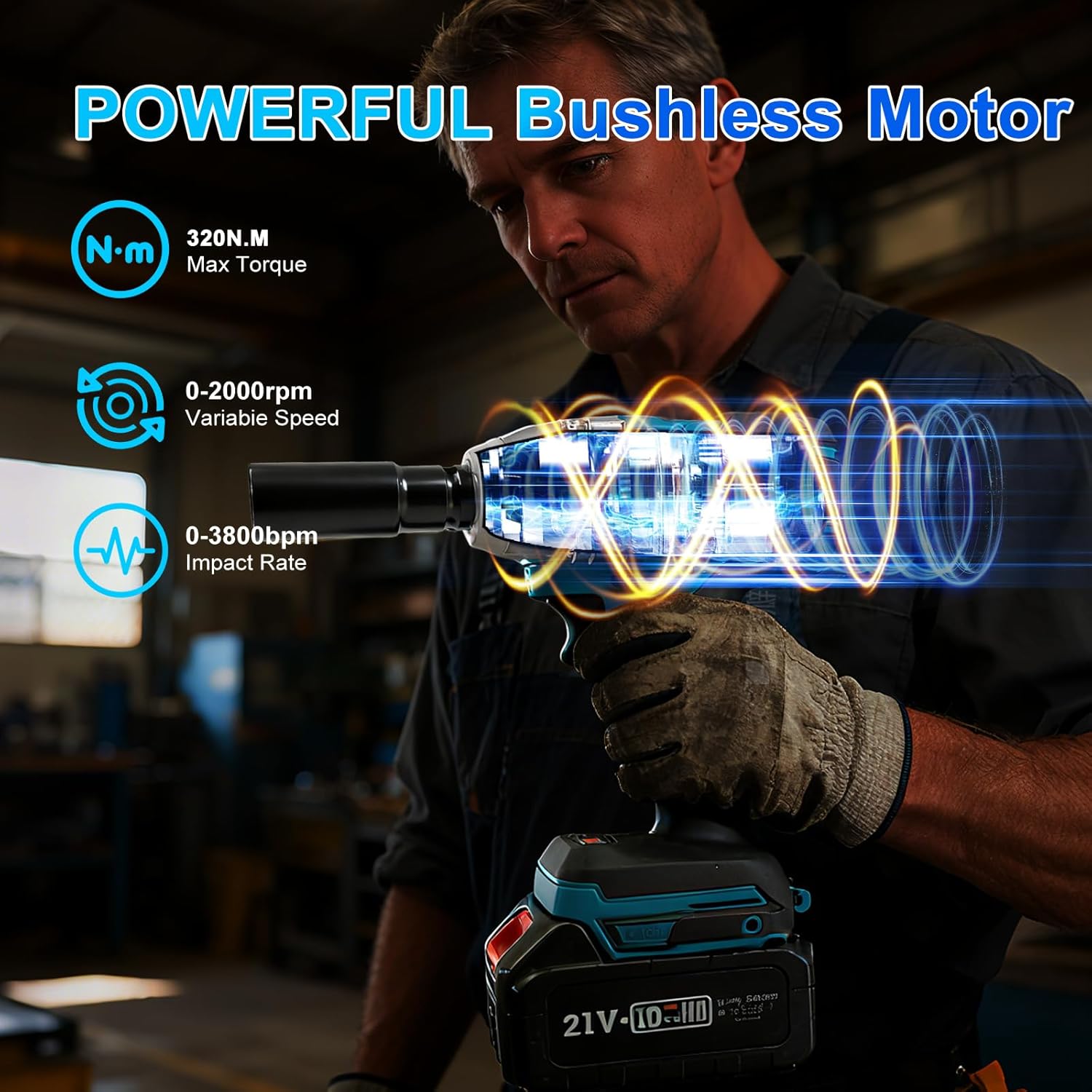Cordless Impact Wrench, 1/2 Inch Brushless Impact Gun, 320N.m High Torque Impact Driver Set with 2 x 21V Batteries for Automotive/RV, Truck Repair & Maintenance