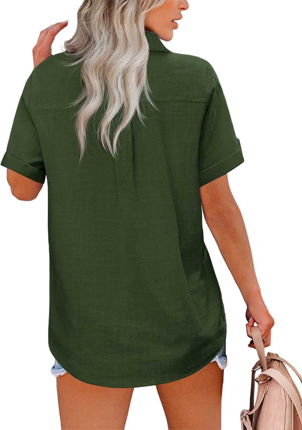 Hotouch Linen Button Down Shirt Women Roll-Up Cuffed Short Sleeve Blouses V Neck Collared Shirts Summer Beach Cotton Tops - Image 5