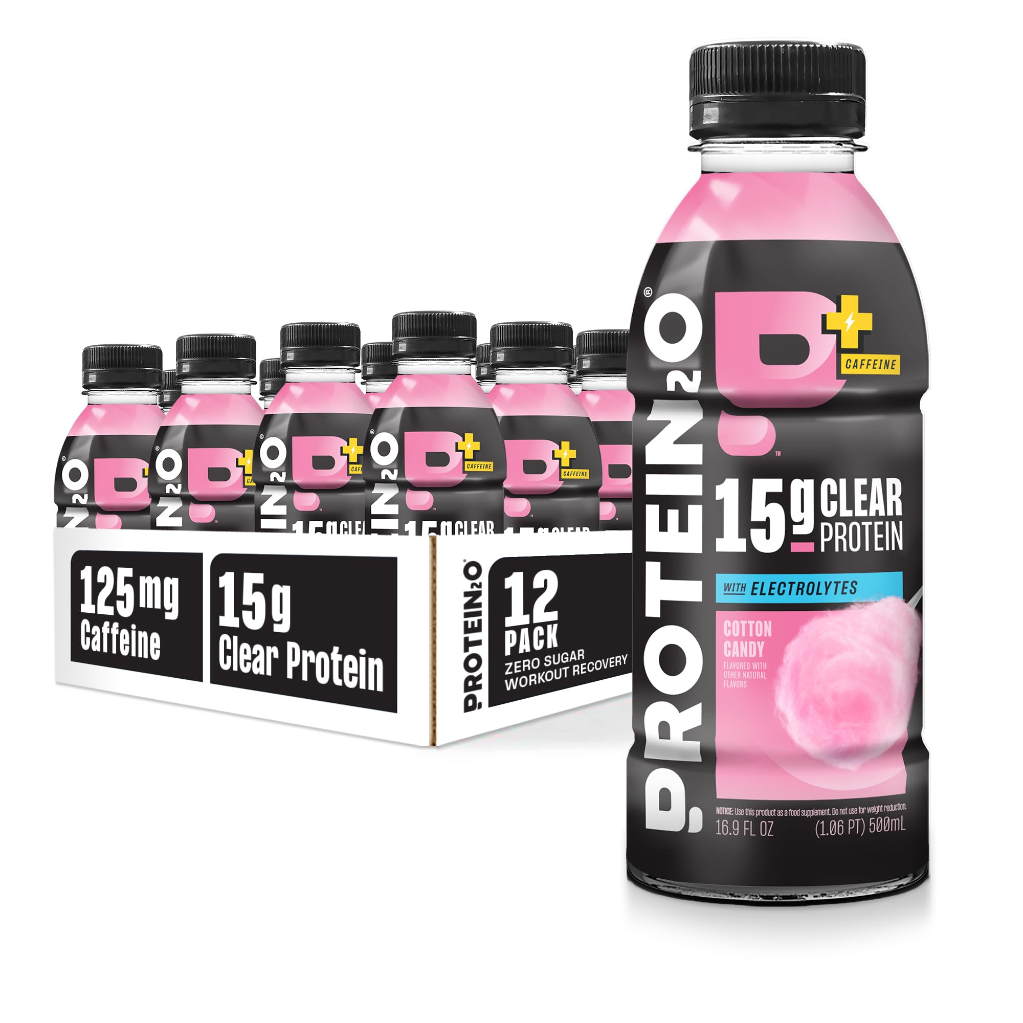 Protein2o 15g Whey Protein Isolate Hydration Drink Plus Energy & Focus, 350mg of Electrolytes, Vitamins B5 & B6, Sugar Free, Cotton Candy, 16.9 oz Bottle (Pack of 12)