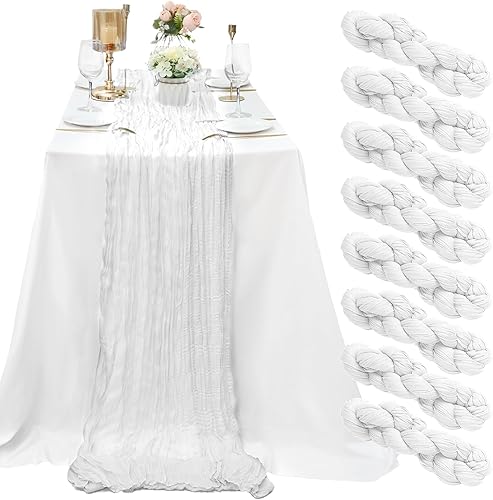 Paquete de 8 caminos de mesa de gasa blanca de 35 x 120 pulgadas, camino de mesa bohemio para boda, novia, baby shower, otoño, fiesta de cumpleaños,