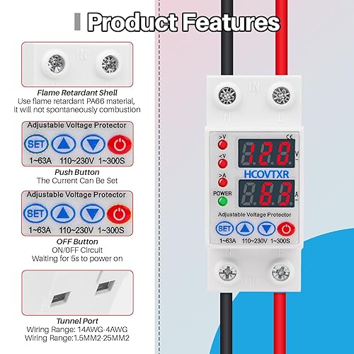 Miniatura 11 de Disyuntor inteligente de 110 V, corte de bajo voltaje de 1 ~ 63 amperios, corriente de desconexión de CA ajustable para sistemas solares (negro)