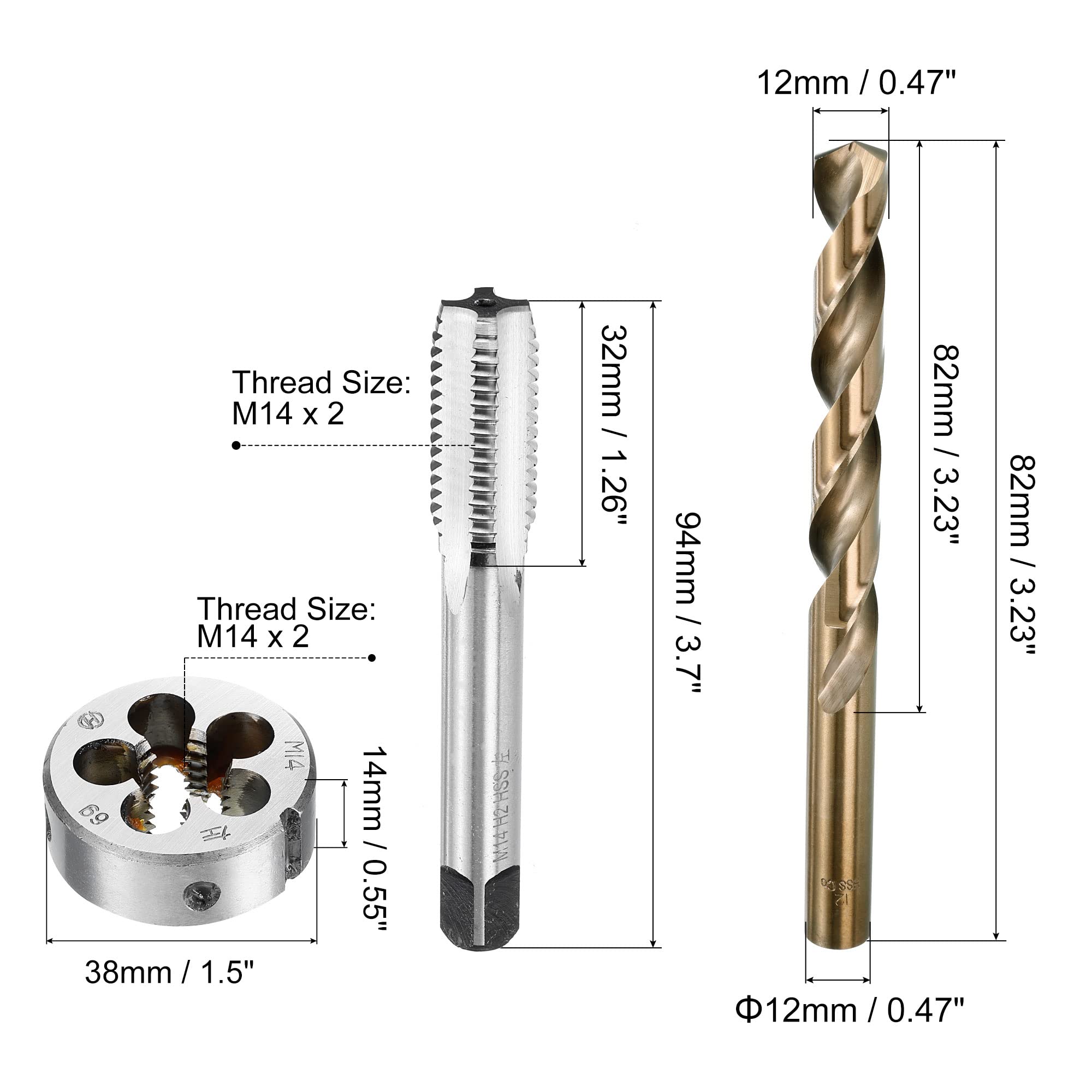 Set di Maschi e filiere e Punte da Trapano, Maschio per fresatura con Filettatura Sinistra M14 x 2 e filiera Tonda, Punta elicoidale in Acciaio rapido al Cobalto da 12 mm