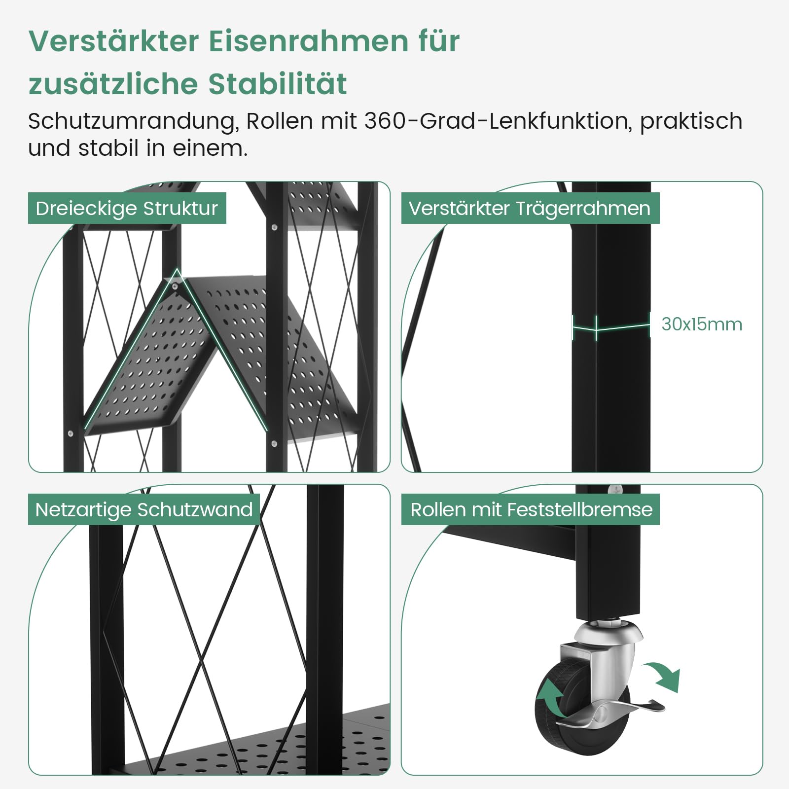 ALANNG Klappregal mit Rädern - Standregal mit 5 Ablagen, Bücherregal aus Metall - Montagefrei & Stabil - Für Küche, Wohnzimmer, Keller, Büro - Schwarz