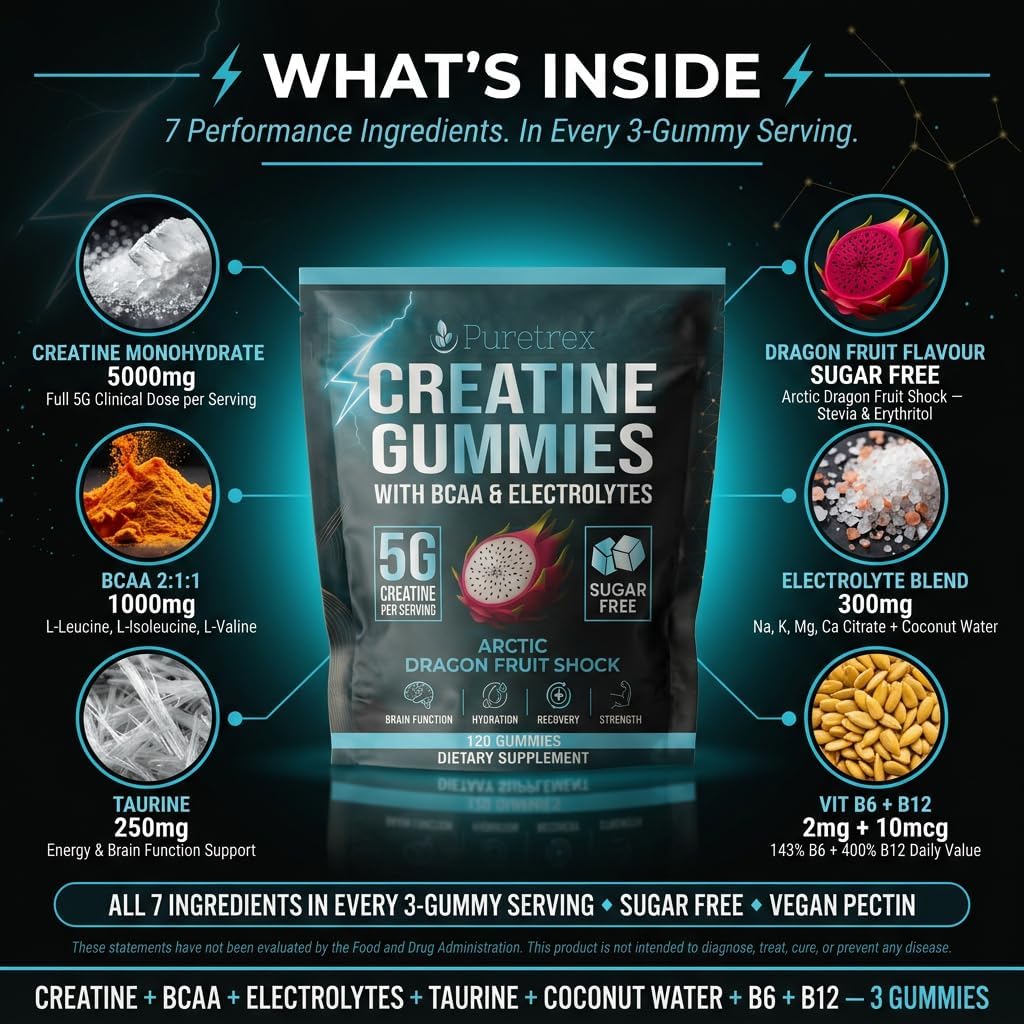 Creatine Gummies with BCAA & Electrolytes, Sugar Free, Arctic Dragon Fruit Flavor, 5G per Serving, 120 Count, Dietary Supplement